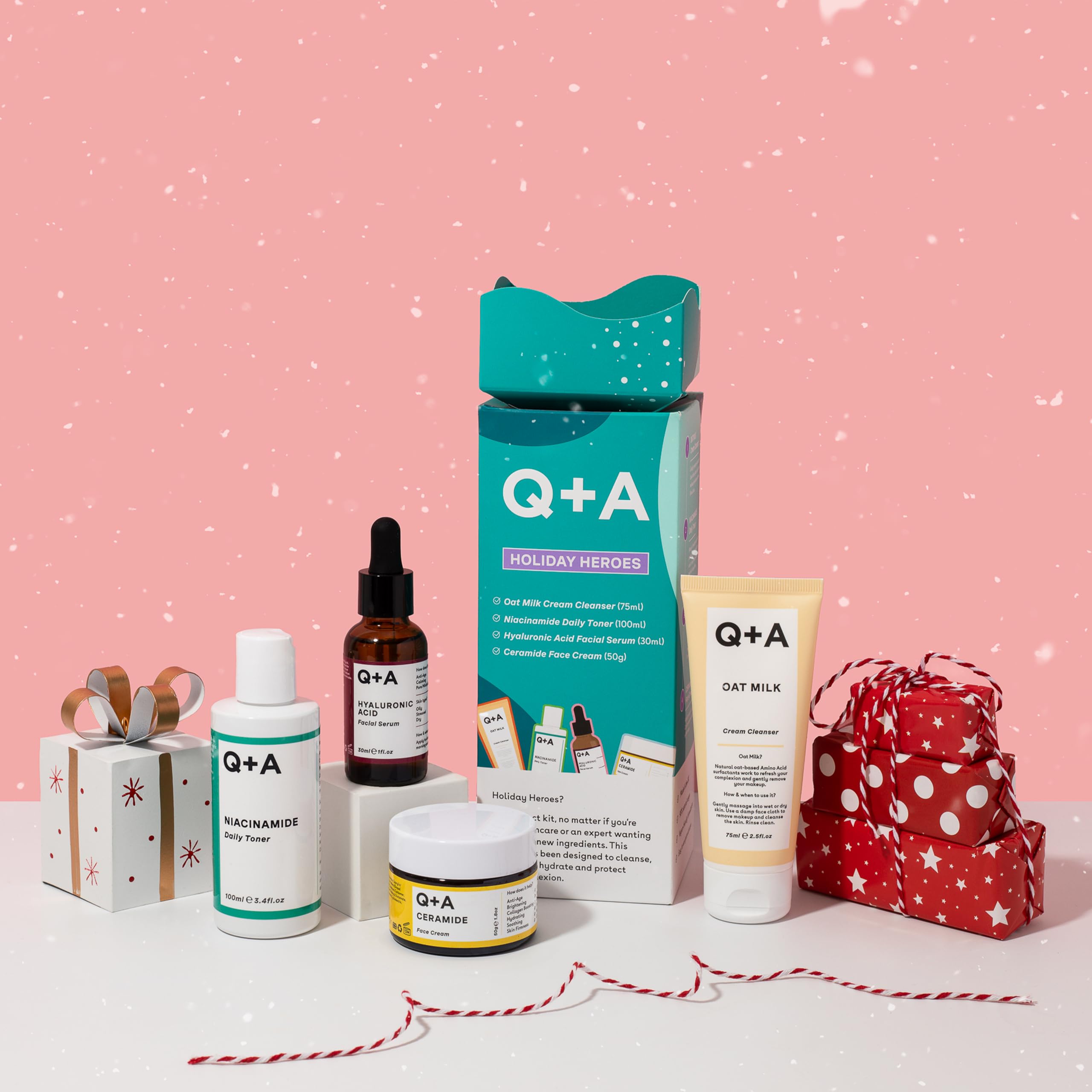 Q+A Holiday Heroes Skincare Giftset – 4-Step Regime with Oat Milk Cleanser, Niacinamide Toner, Hyaluronic Acid Serum, Ceramide Face Cream – Vegan, Cruelty-Free, UK Made, Nourishing and Hydrating