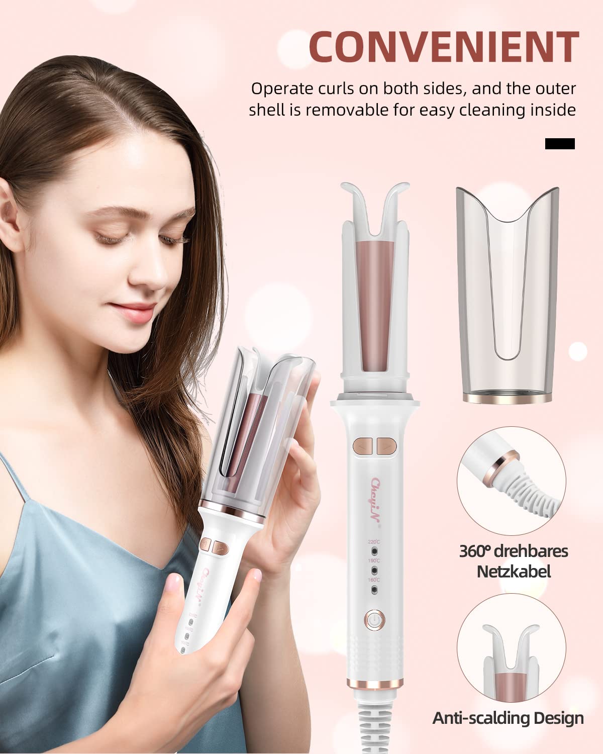 CkeyiN Automatic Hair Curler, 25mm Curling Tongs with 3-Speed Adjustable Temperature, Professional Anti-scalding Curling Iron for Long & Short Hair Styling, White, 1.0 Count