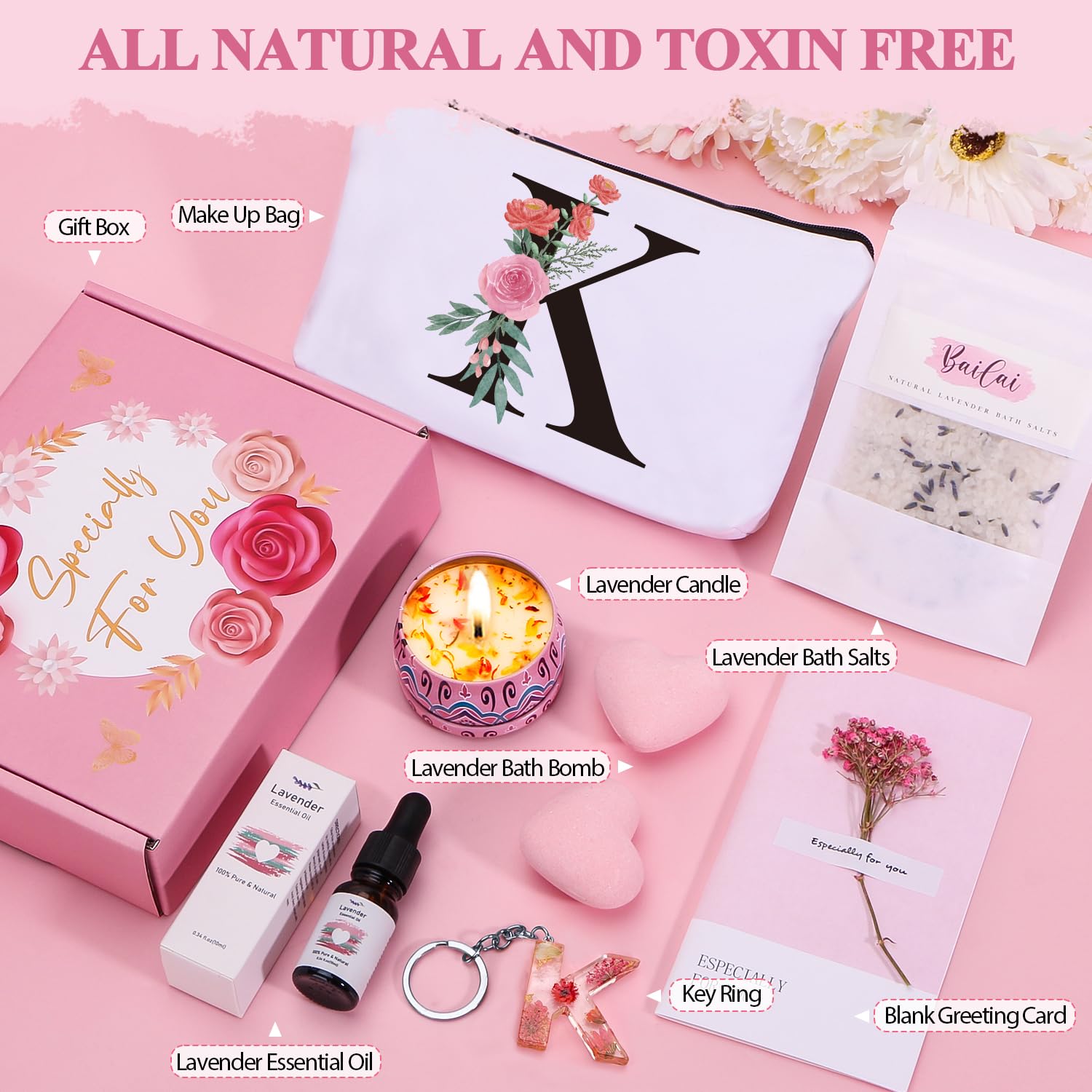 Birthday Pamper Gifts for Women, Personalized Letter K Happy Birthday Letterbox Gifts for Her, Unique Ladies Spa Bath Set Get Well Soon Hampers Thank you Gifts for Women Best Friend Bestie Sister Mum