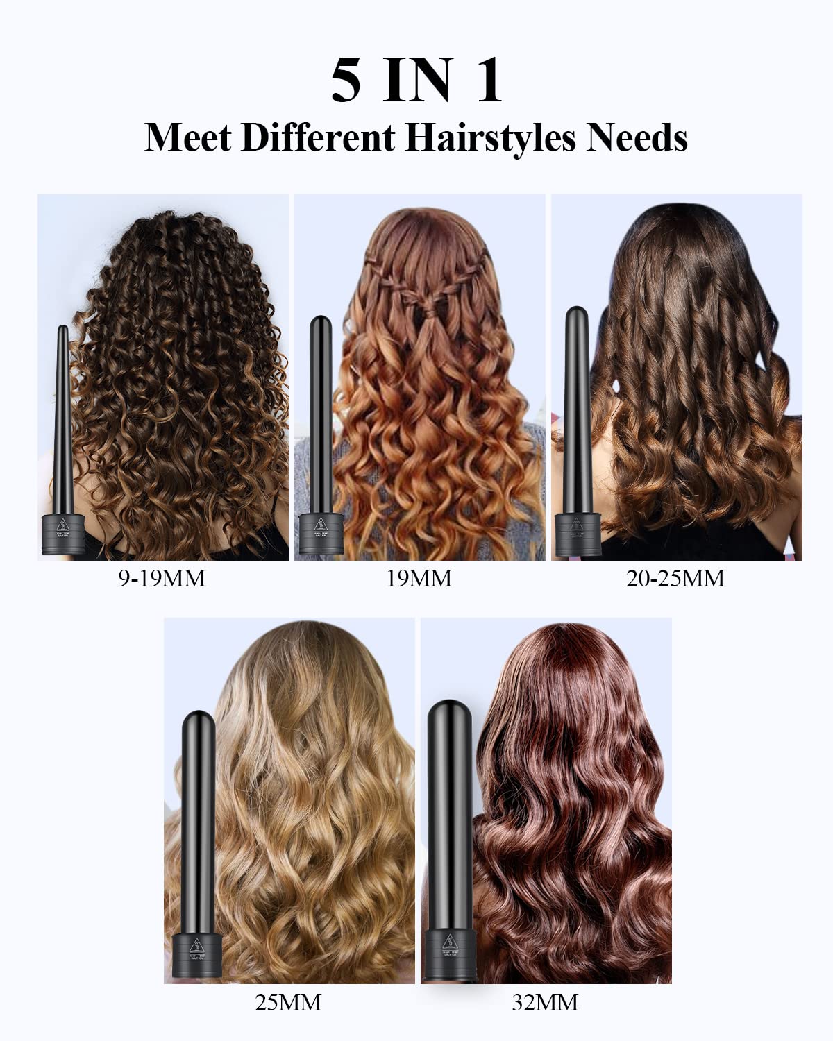 CkeyiN Ceramic Curling Wand, 5 in 1 Hair Curlers Wand with Temperature Control Professional Hair Curler for Long Short Thick Fine Hair with Heat Resistant Glove Curing Tong