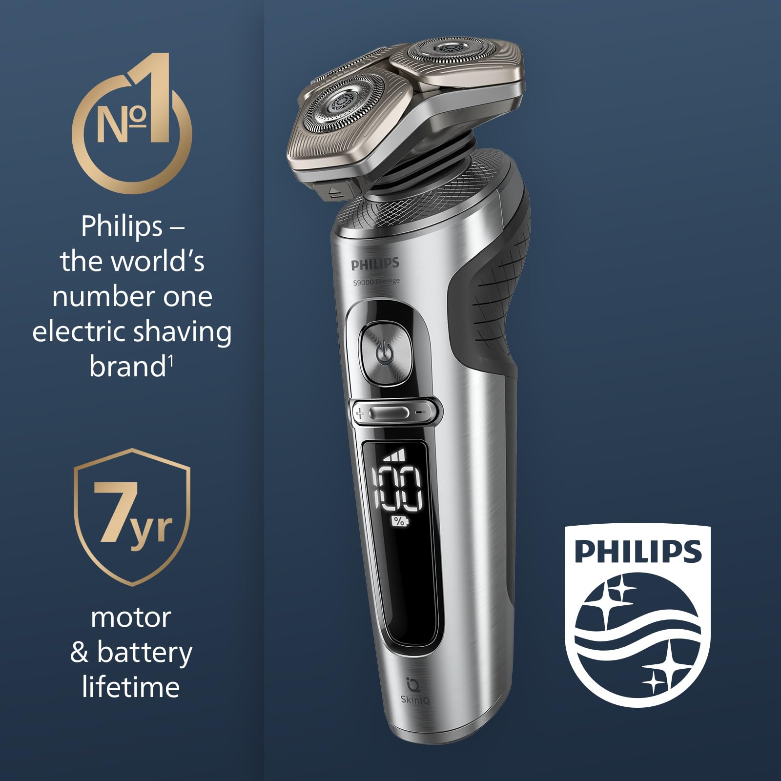 Philips Wet and Dry Electric Shaver Series 9000 Prestige, NanoTech Dual Precision Blades, Hydro SkinGlide Coating, Ultraflex Suspension System, Top-Spin Digital Motor (Model SP9885/35), Silver