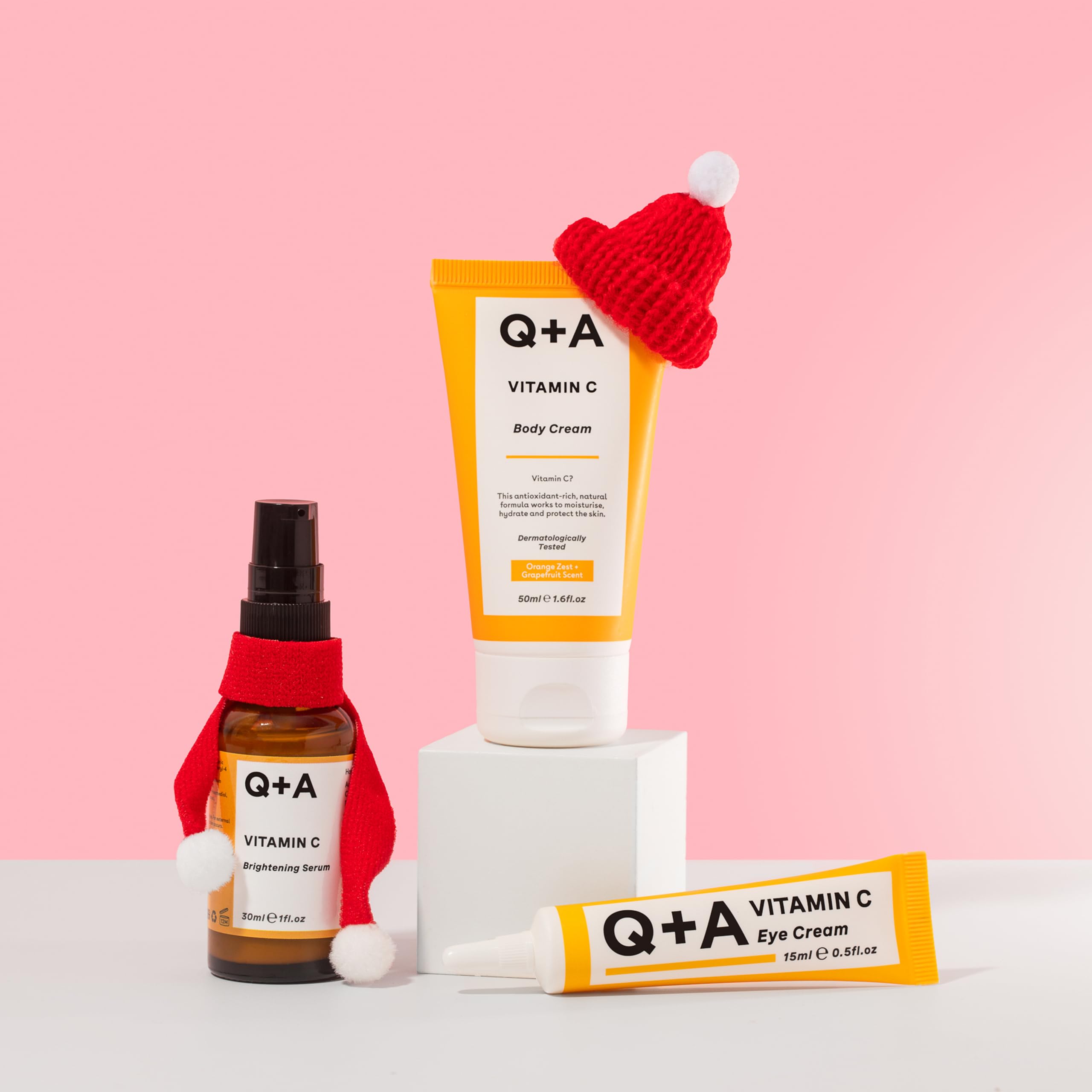 Q+A Glow Heroes Skincare Giftset - Radiance-Boosting Trio with Vitamin C Brightening Serum 30ml, Eye Cream 15ml & Body Cream 50ml - Brighten and Rejuvenate - Vegan & Cruelty-Free, Made in UK