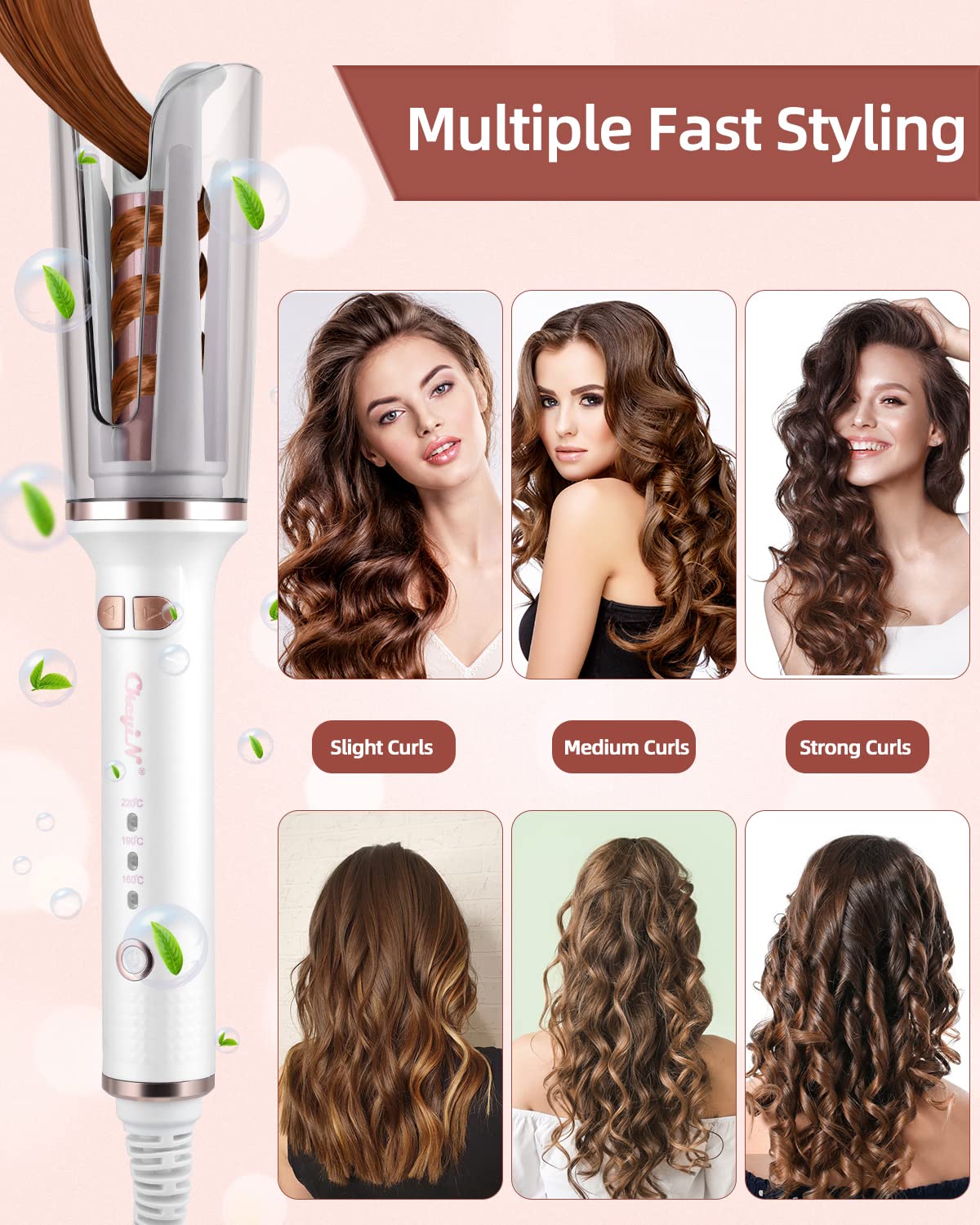 CkeyiN Automatic Hair Curler, 25mm Curling Tongs with 3-Speed Adjustable Temperature, Professional Anti-scalding Curling Iron for Long & Short Hair Styling, White, 1.0 Count