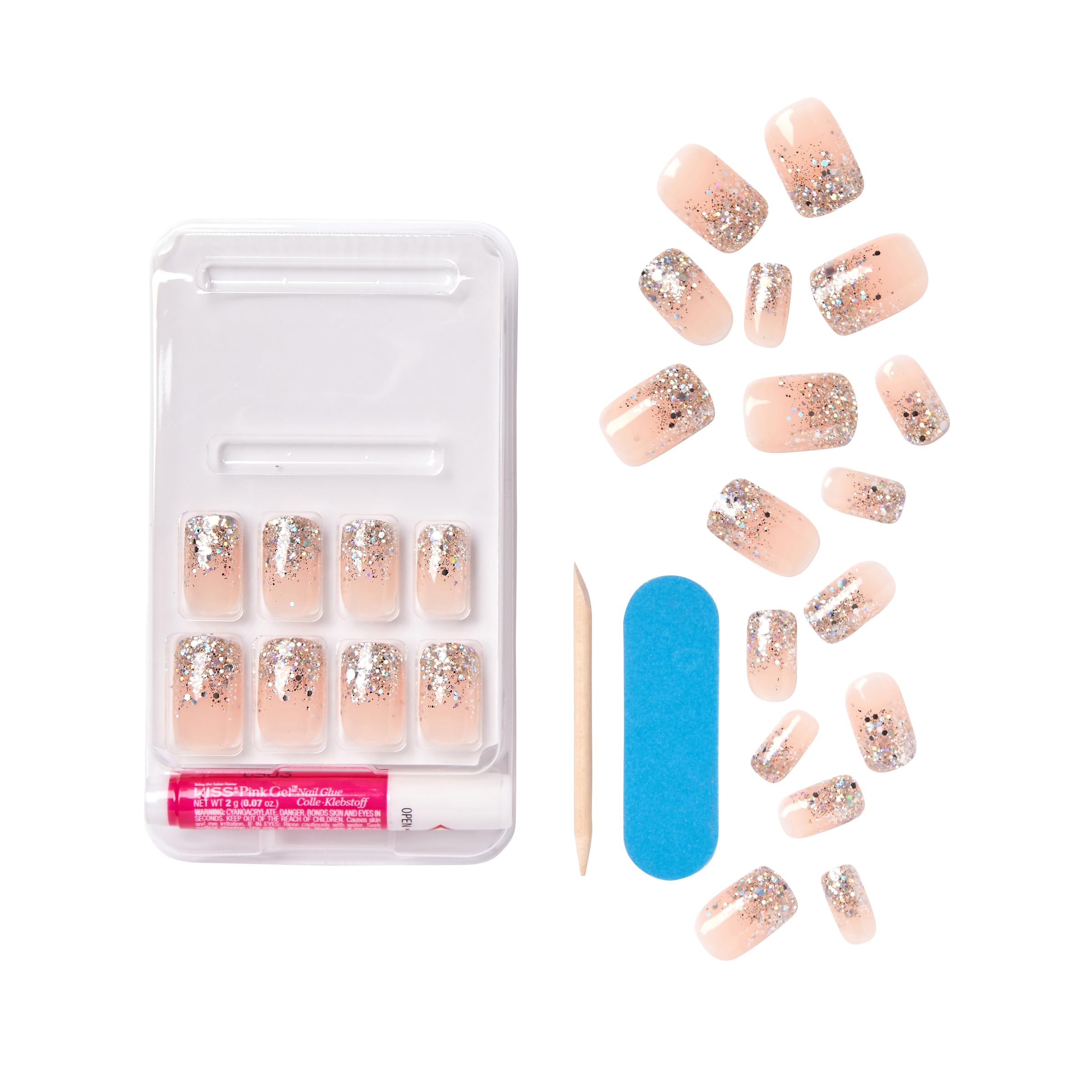 KISS Gel Fantasy Collection Glue-On Manicure Kit, Fanciful, Medium Length Square Fake Nails Includes 24 False Nails, Nail Glue, Nail File, and Manicure Stick