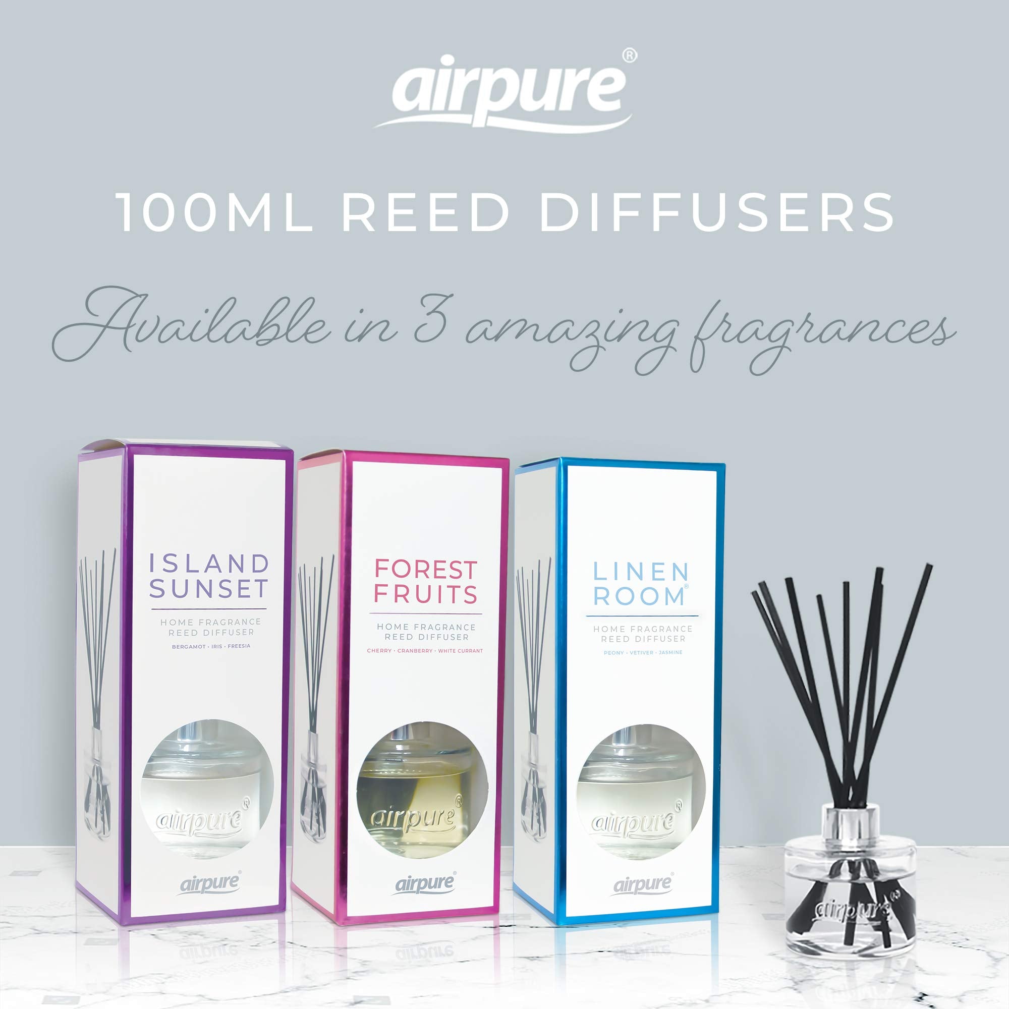 AIRPURE Reed Diffuser, 100ml Oil Set with Sticks, 8X Black Reeds, Continuous Room Scent, Diffusers for Home Use in Living Room, Kitchen or As Bathroom Freshener - Linen Room Fragrance