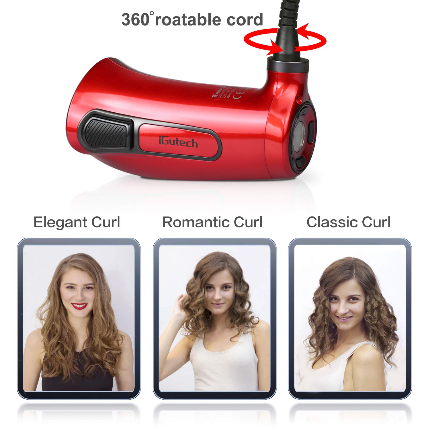 iGutech Automatic Hair Curler with Tourmaline Ceramic Heater and LED Digital red