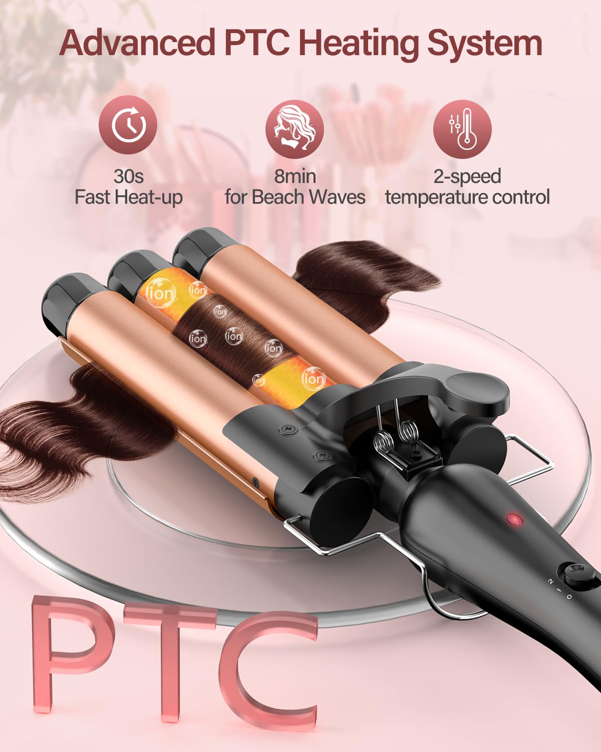 BESTOPE RAY Hair Curler 25mm, 3 Barrel Hair Waver with 30s Quick Heating, Curling Iron with 2 Temperature Control, Heat-Resistant Glove for Long Medium Short Hair