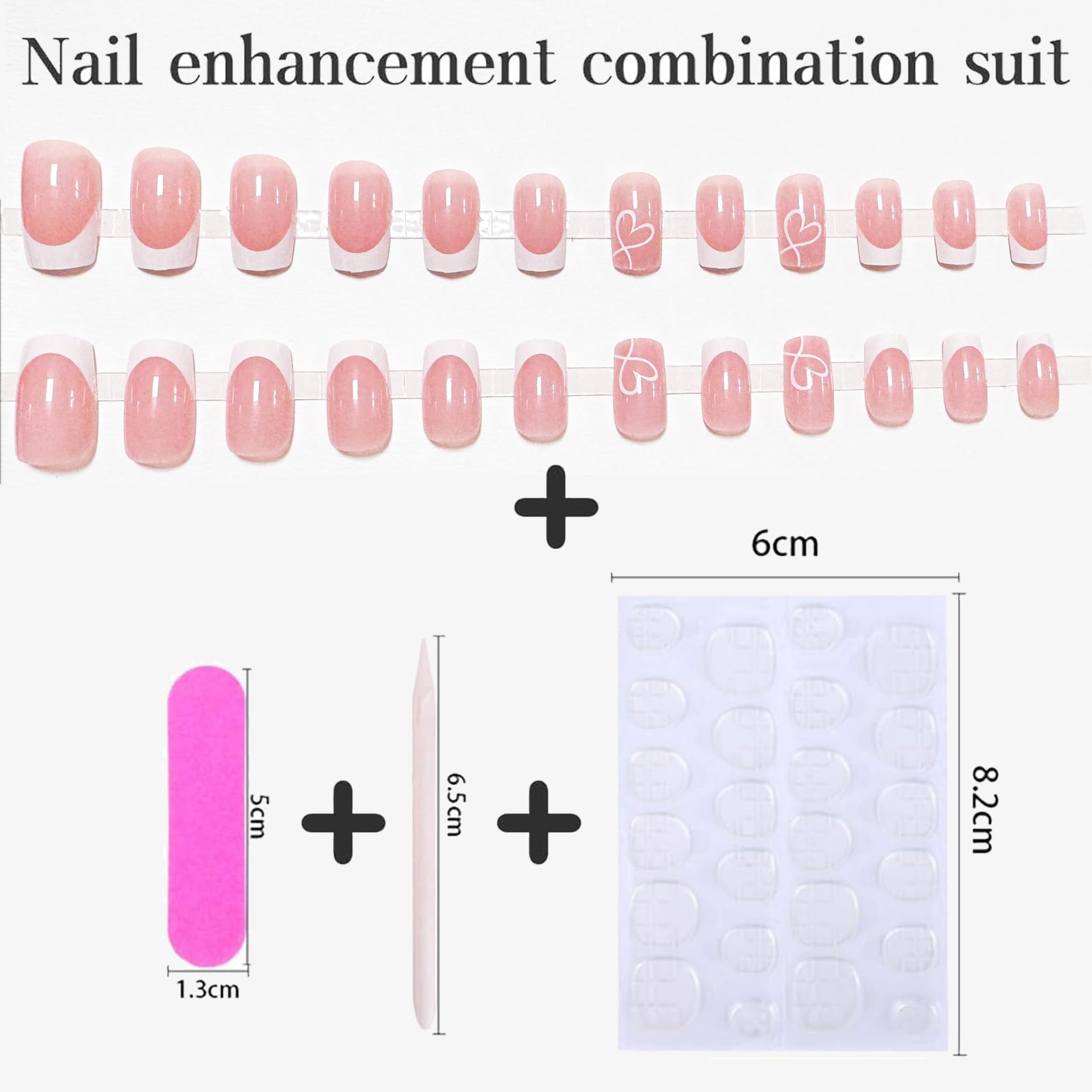 24-Piece Set of Long Square French False Nails with Glossy Full Coverage - Includes Gel Nail Glue - Press On Style for Women and Girls - French Heart Design