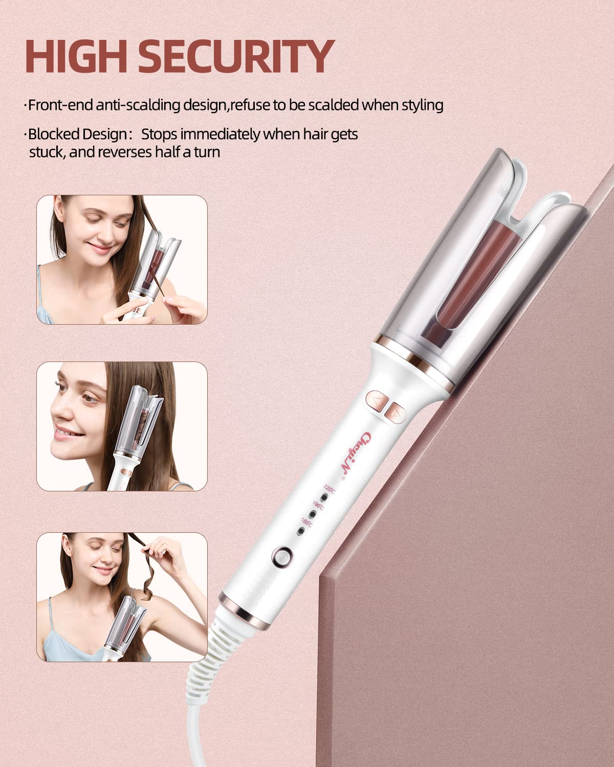 CkeyiN Automatic Hair Curler, 25mm Curling Tongs with 3-Speed Adjustable Temperature, Professional Anti-scalding Curling Iron for Long & Short Hair Styling, White, 1.0 Count