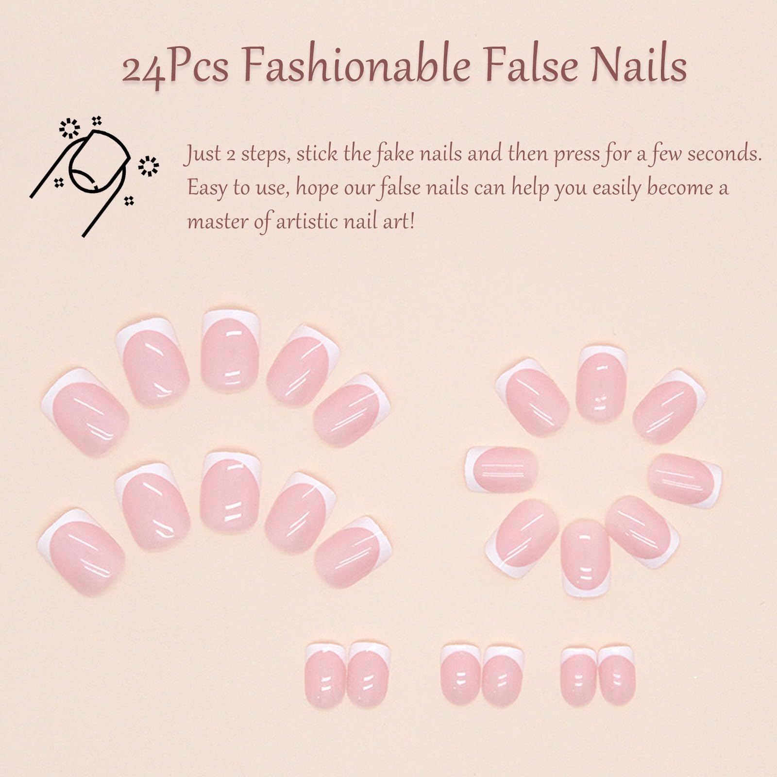 24 Pcs French False Nails - Press on Nails - Full Cover False Nails Nude White Square Stick on Nails - French Fake Nails Stick on Nails for Women and Girls Nail Art