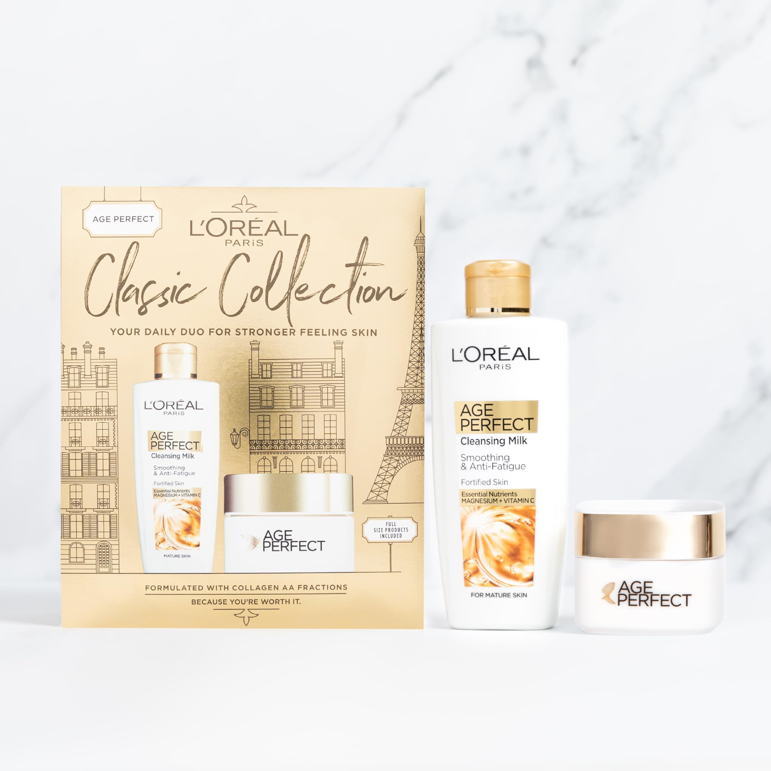 L’Oréal Paris Gift Set, Includes Cleansing Milk and Moisturiser, Age Perfect Collagen Anti-Ageing Routine For Smoothing and Retightening, Classic Collection