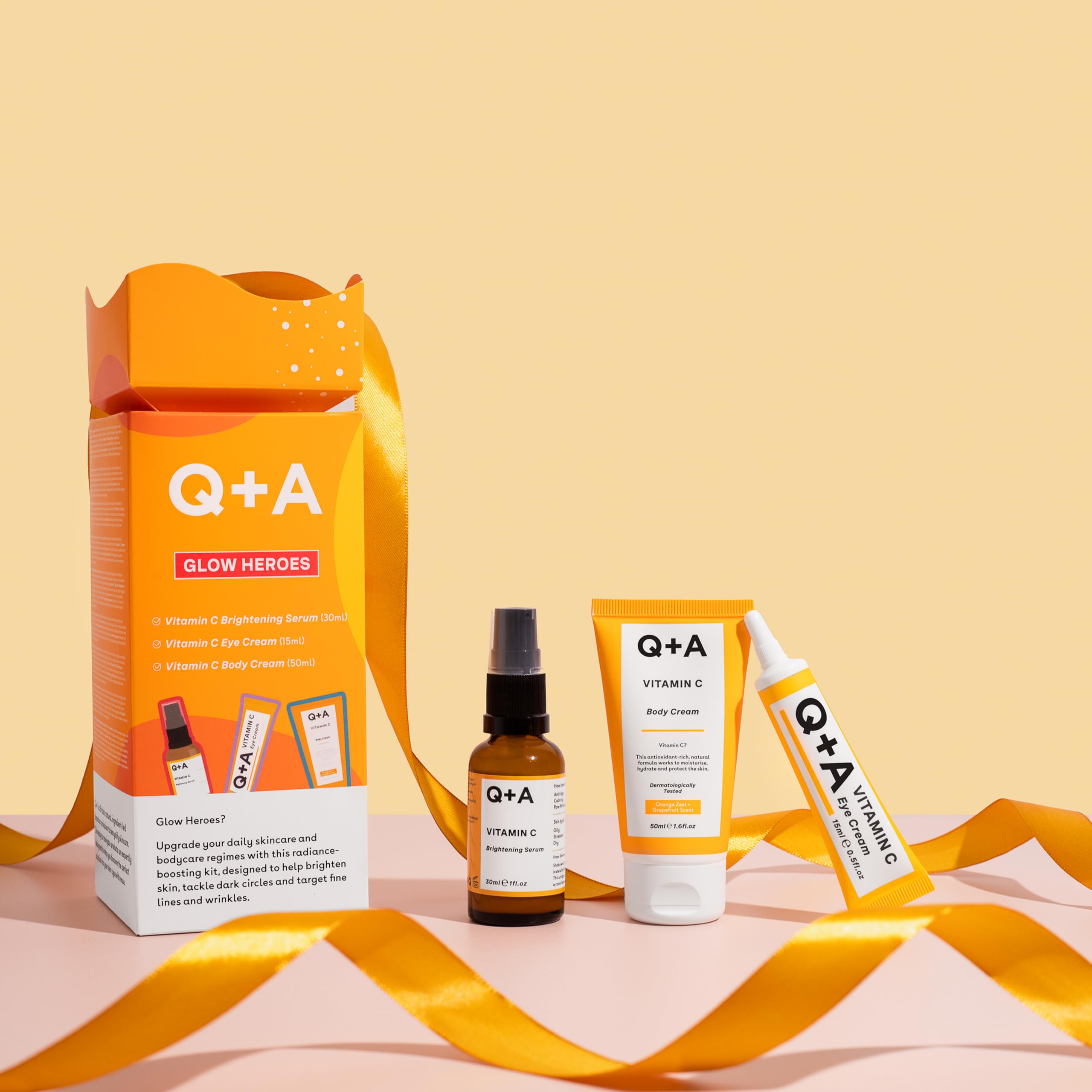 Q+A Glow Heroes Skincare Giftset - Radiance-Boosting Trio with Vitamin C Brightening Serum 30ml, Eye Cream 15ml & Body Cream 50ml - Brighten and Rejuvenate - Vegan & Cruelty-Free, Made in UK