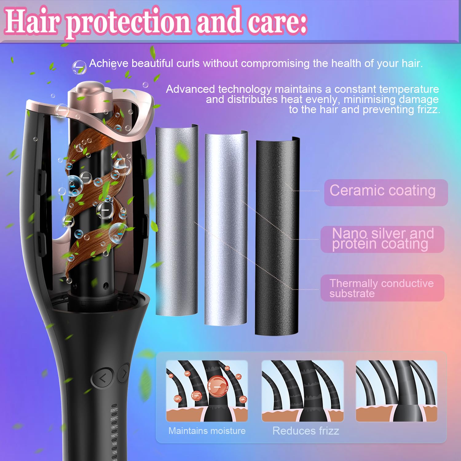 BUJIYI Hair Curler, Curling Wand, Curling Tongs, 4-Speed Adjustable Temperature, Fast Heating Hair Curlers for Long Hair