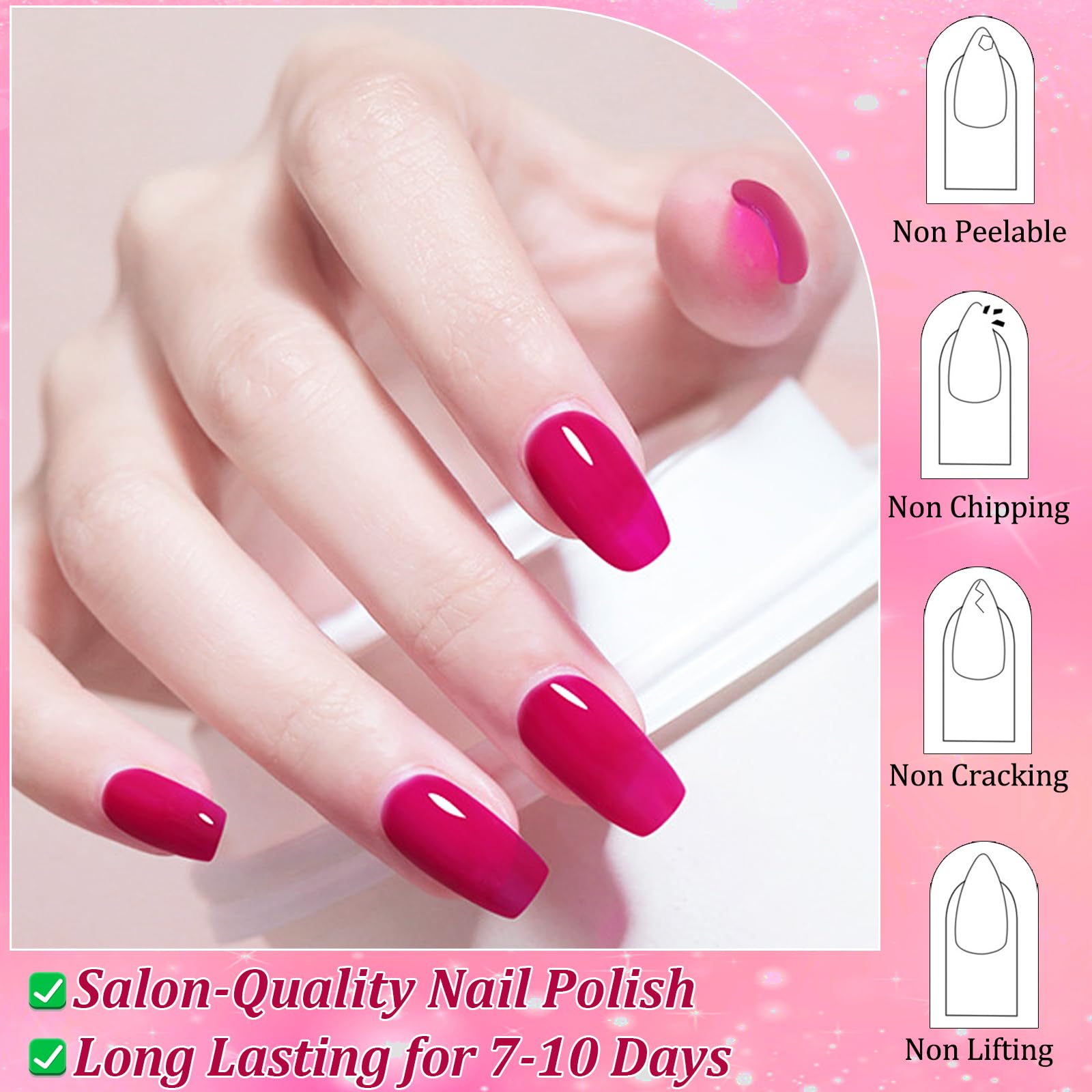 Pink Red Nail Varnish - Shimmer Pearl Nail Polish - Bright Pink Pearlescent Nail Polish Quick Dry - Oil Base Breathable Nail Polish Long Lasting No Chip No Bake For Manicure Home