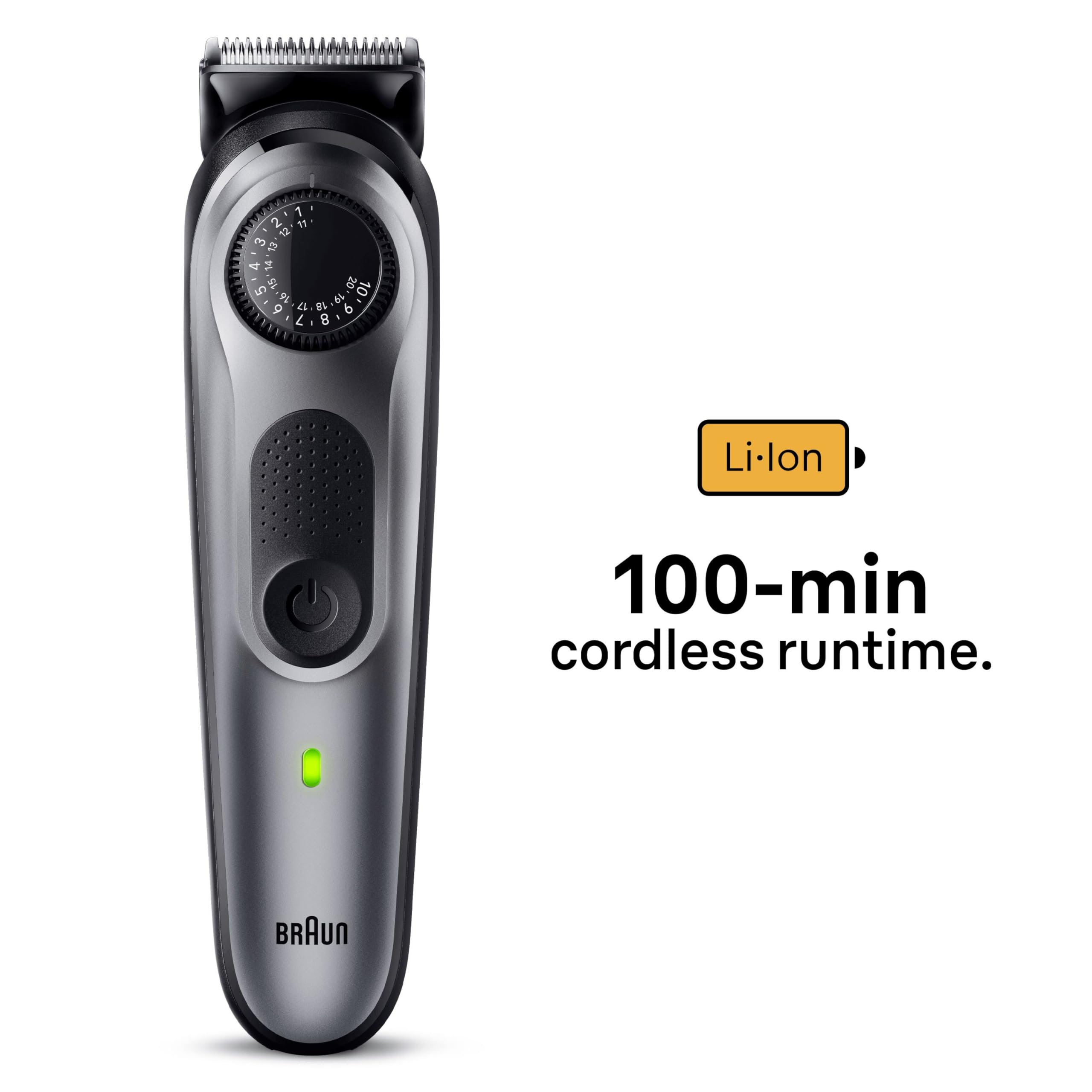 Braun Beard Trimmer Series 5 & Hair Clippers, Beard Trimmer Men Rechargeable, 40 Length Settings, 100-Min Cordless Runtime & Waterproof, BT5440, Silver, Black