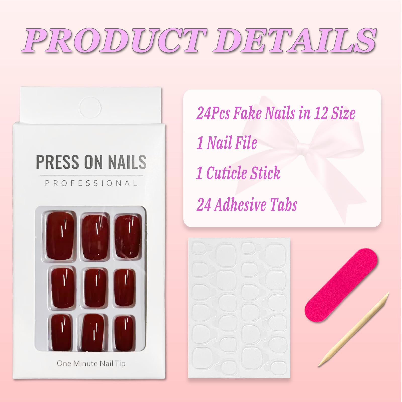 Ceboic 24Pcs False Nails Medium, Square Shiny Burgundy Press on Nails with Glue Stickers, French Pure Color Ballerina Fake Nails, Natural Acrylic Full Cover Stick on Nails for Women Girls (Wine Red)