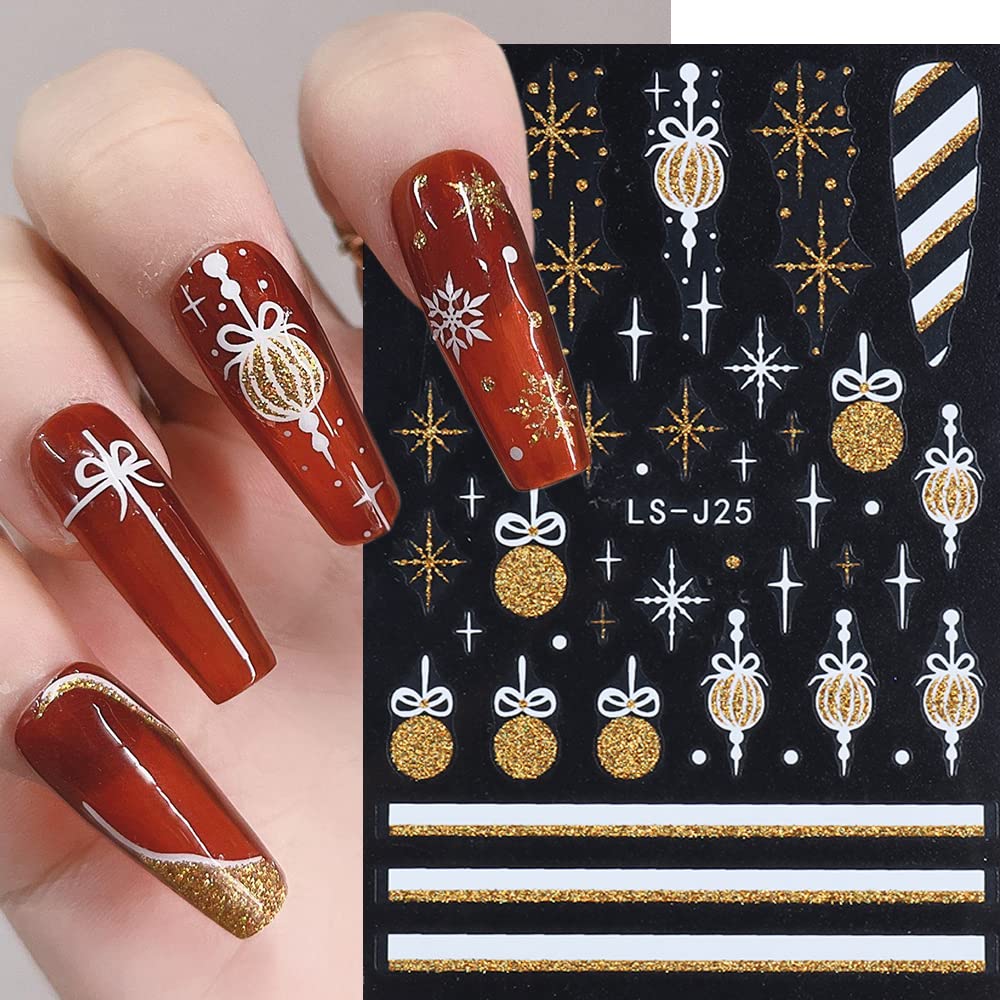 8 Sheets Christmas Nail Art Stickers Decals Self-Adhesive Gold Bling Glitter Reindeer Line Snowflake Nail Supplies Nail Art Design Decoration Accessories