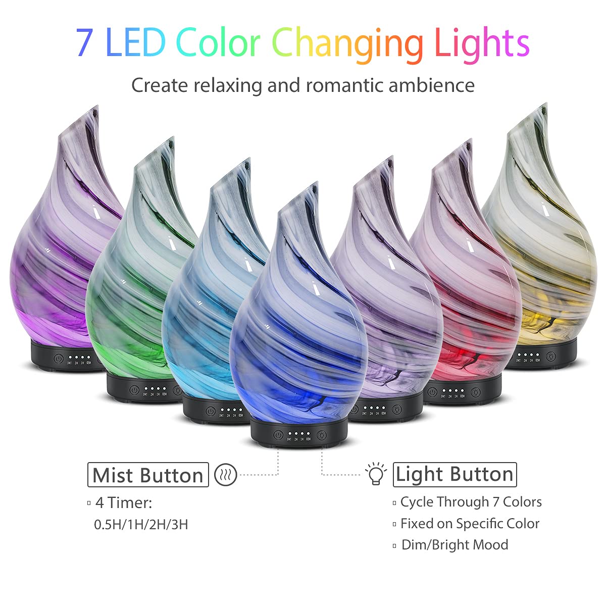 Essential Oil Diffuser Aroma Ultrasonic Diffuser, Night Light with Handmade Glass, 7 Color Changing Led Lights and Waterless Auto-Off, 4 Timer Setting 120 ML for Home Office Spa, Bpa Free (Grey)