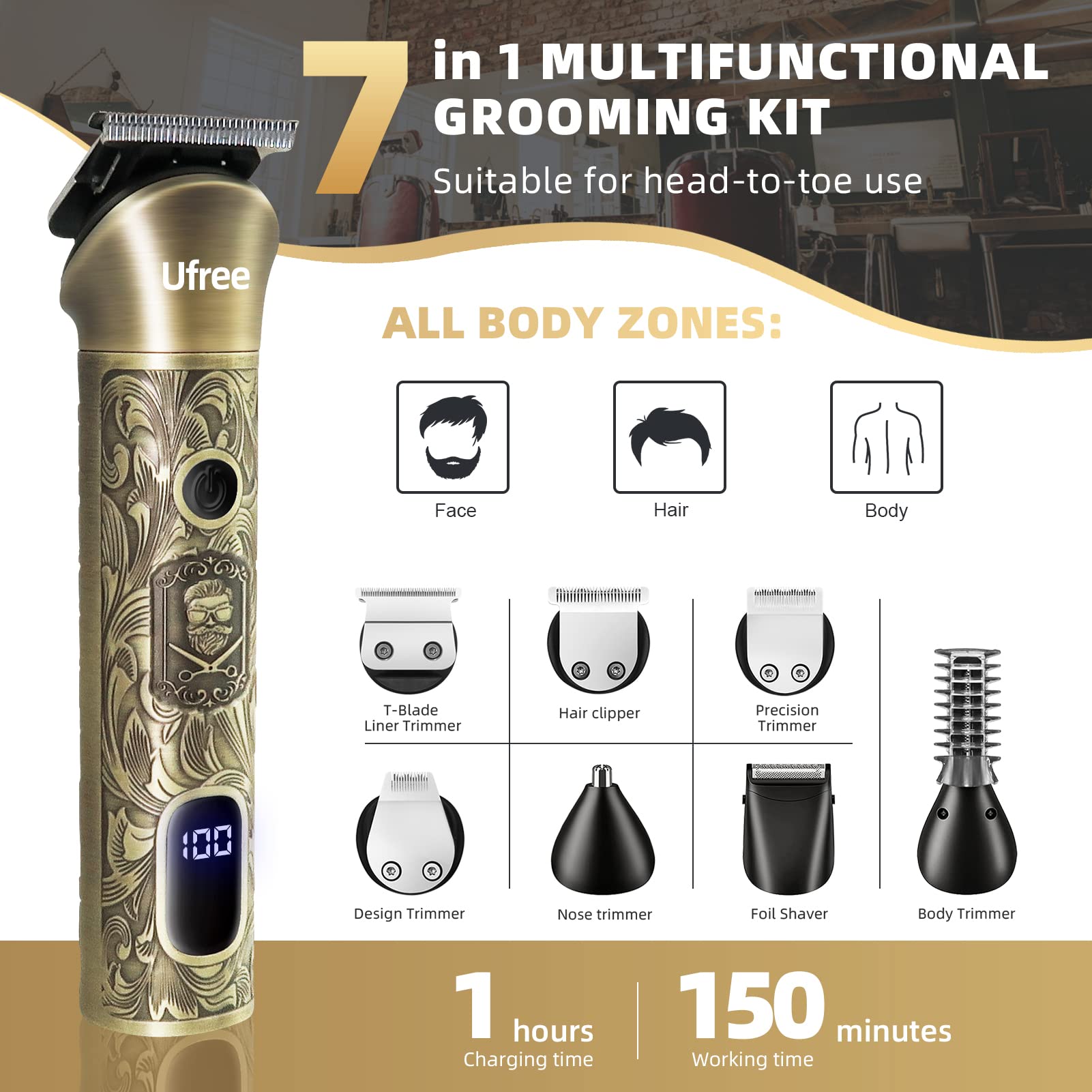 Ufree 7-in-1 Cordless Beard Trimmer for Men