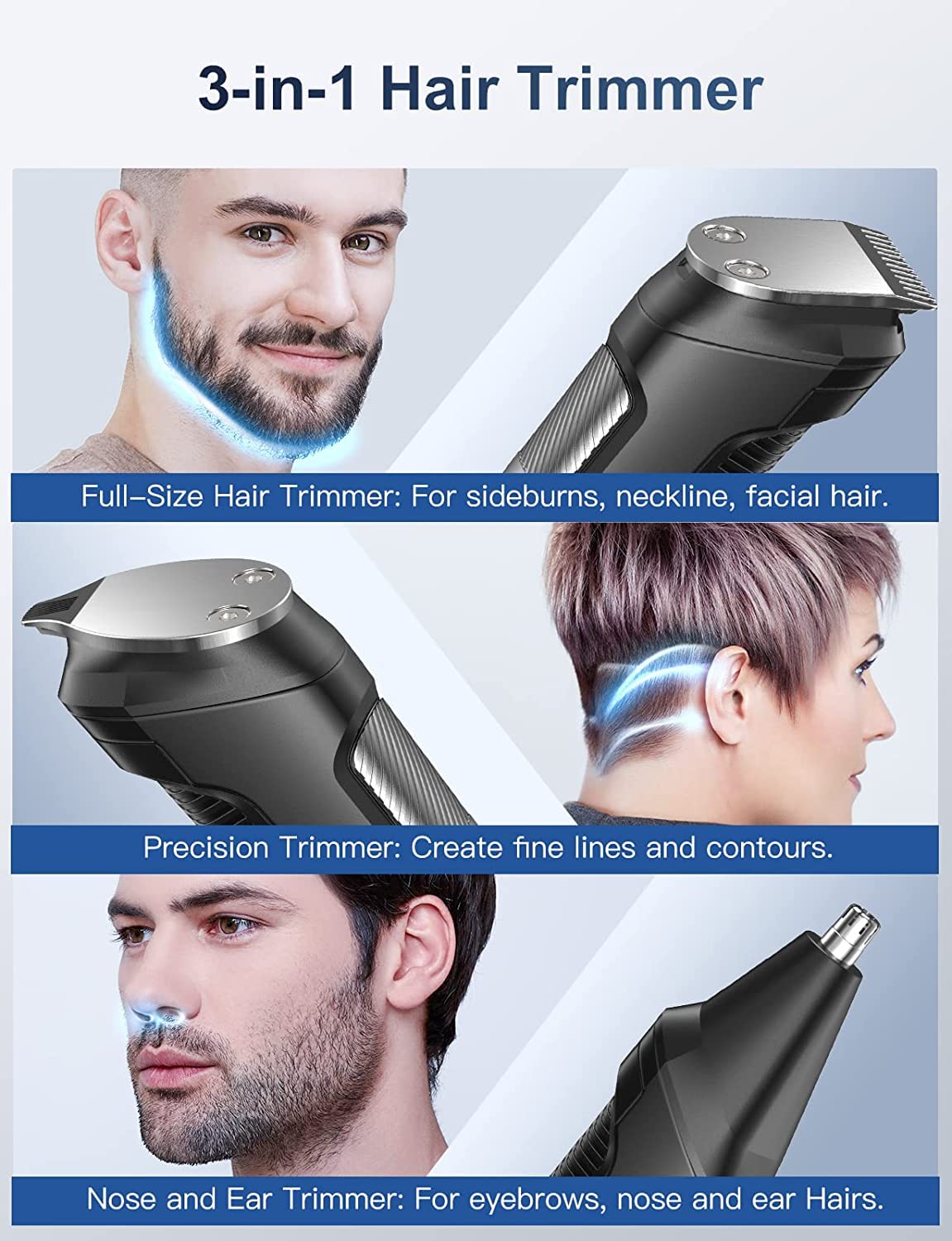 Beard Trimmer Hair Clippers Men, Nose & Ear Trimmer, 9-in-1 Body Groomer Men Kit, Cordless Rechargeable Hair Clippers with 7 Limit Combs, Stainless Steel Blades, Waterproof Razor Extra Long Life