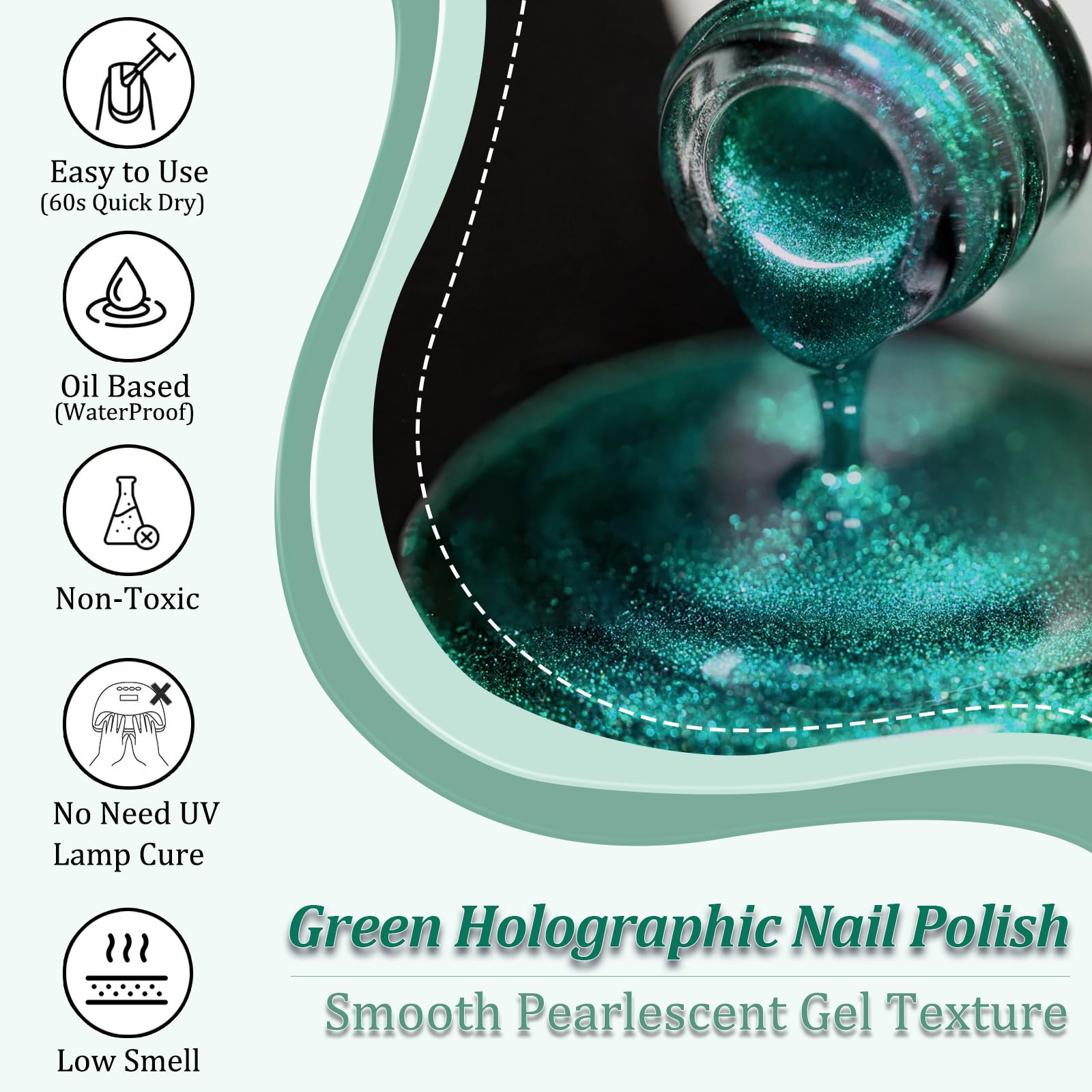 Holographic Nail Polish - Translucent Green Nail Varnish Quick Dry - No Bake Chameleon Green to Purple Chrome Nail Polish - Long Lasting Nail Varnish Non Chip for Nail Art at Home