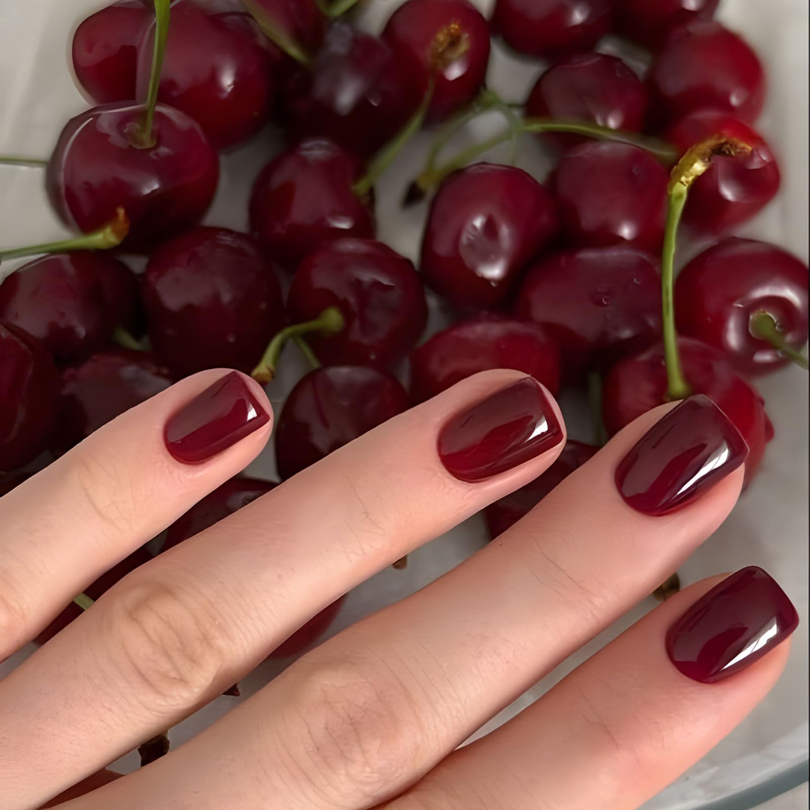 32 Pcs Wine Red False Nails Short Fake Nails with Glue Square Press on Nails Removable Glue-on Nails Tips for Christmas Halloween Women Girls Nail Art Accessories