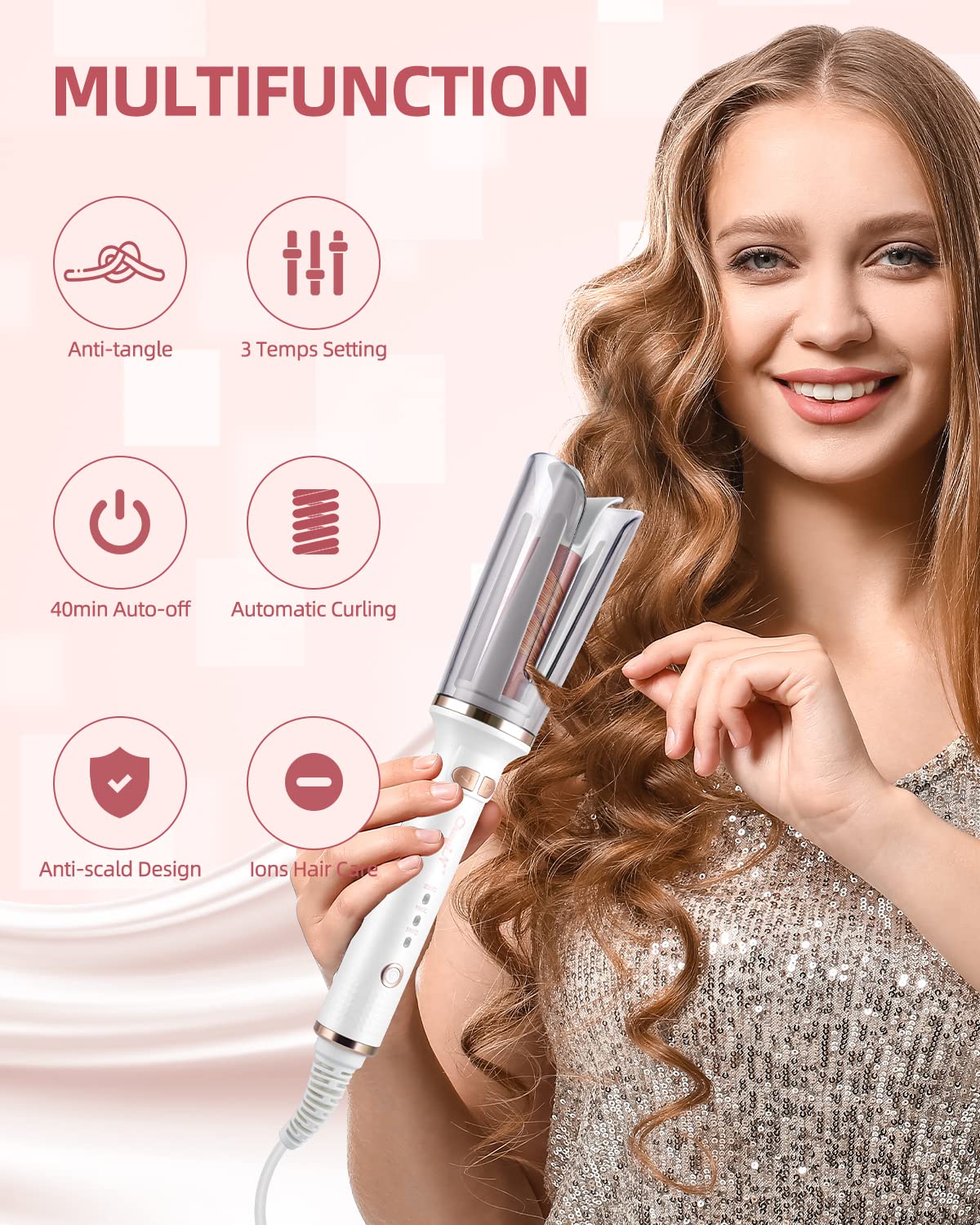 CkeyiN Automatic Hair Curler, 25mm Curling Tongs with 3-Speed Adjustable Temperature, Professional Anti-scalding Curling Iron for Long & Short Hair Styling, White, 1.0 Count