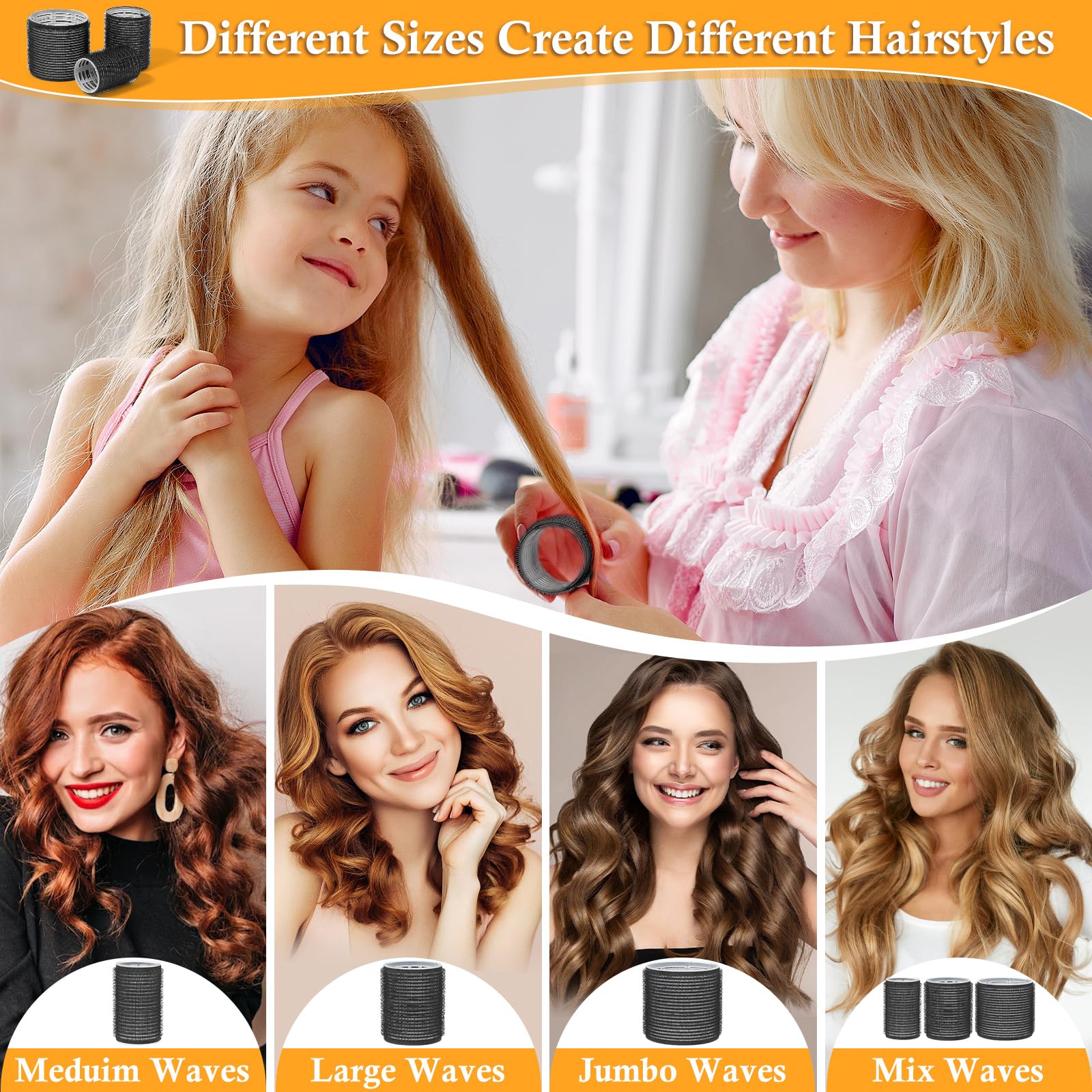 Thrilez 39PCS Hair Curlers Rollers with Clips Black Hair Roller with 3 Sizes 64mm 44mm 33mm, Jumbo Hair Roller with 12PCS Duckbill Clips Hair Rollers for Long Medium Short Thick Fine Volume Bangs Hair