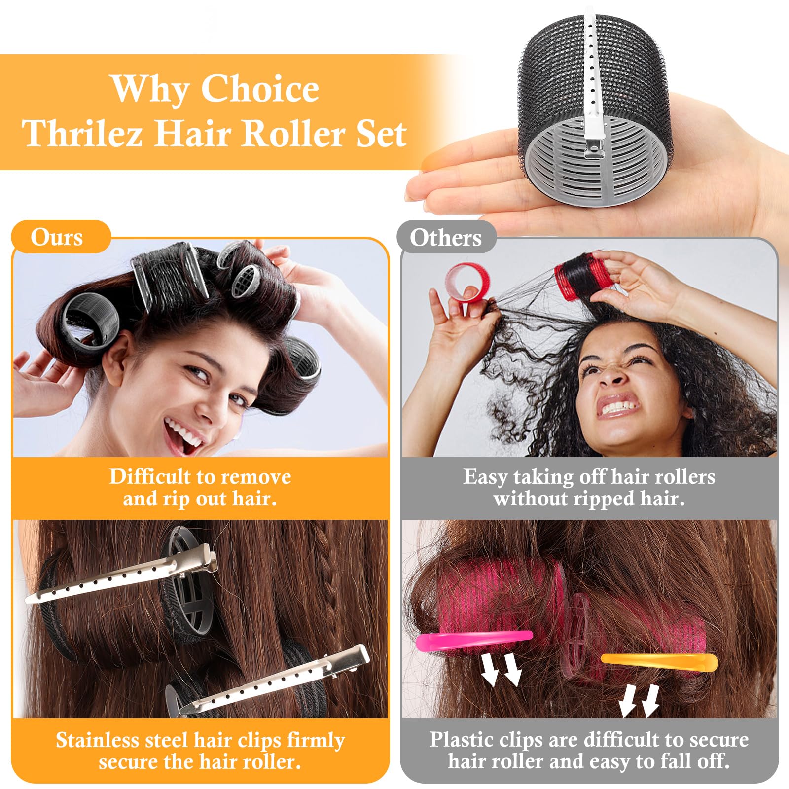 Thrilez 39PCS Hair Curlers Rollers with Clips Black Hair Roller with 3 Sizes 64mm 44mm 33mm, Jumbo Hair Roller with 12PCS Duckbill Clips Hair Rollers for Long Medium Short Thick Fine Volume Bangs Hair