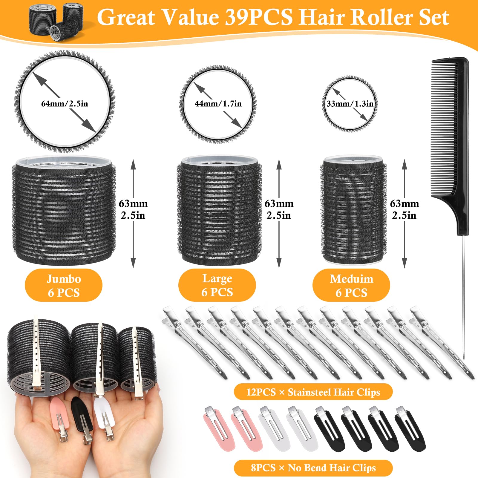 Thrilez 39PCS Hair Curlers Rollers with Clips Black Hair Roller with 3 Sizes 64mm 44mm 33mm, Jumbo Hair Roller with 12PCS Duckbill Clips Hair Rollers for Long Medium Short Thick Fine Volume Bangs Hair