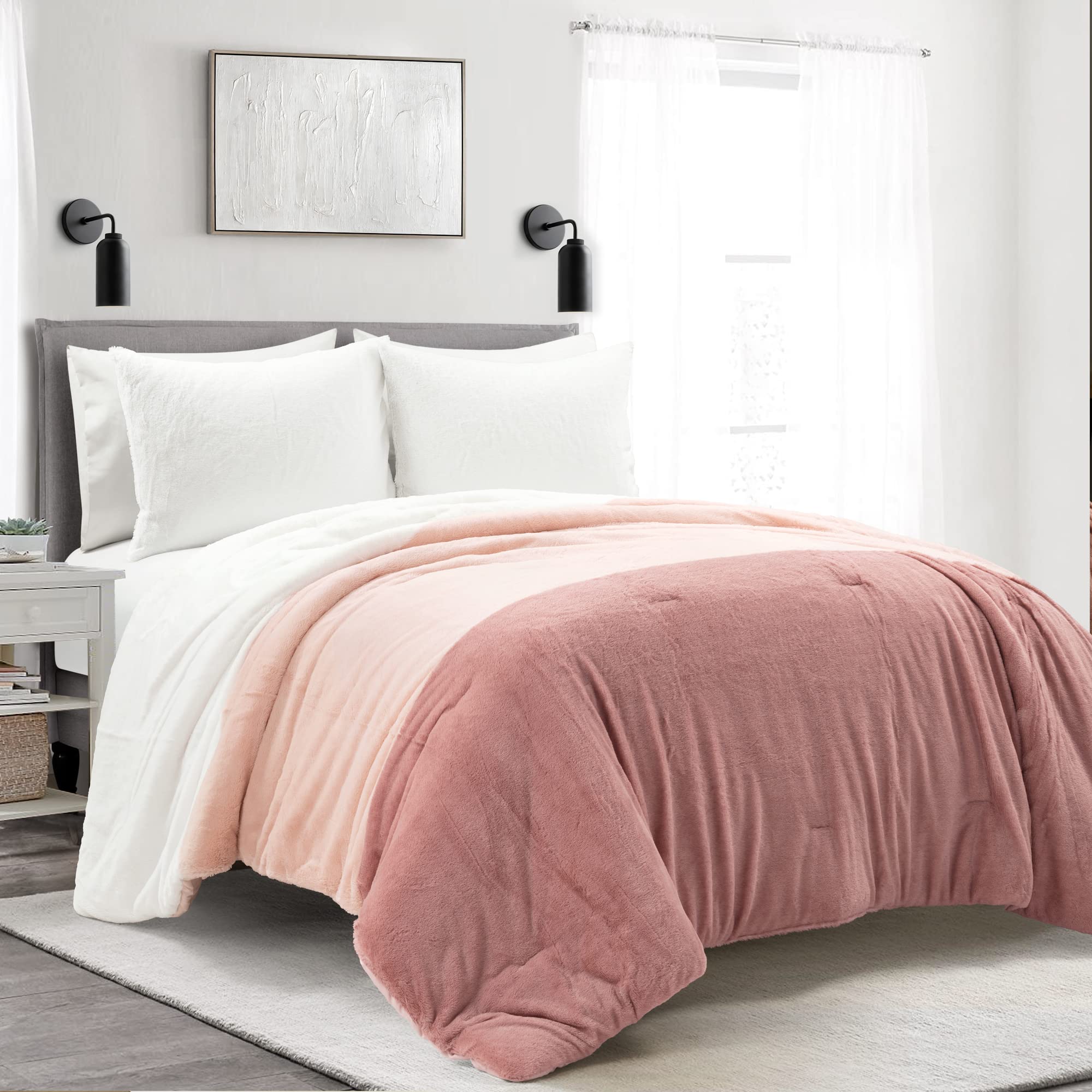 Lush Decor Dusty Rose Faux Fur Comforter Set for Full/Queen