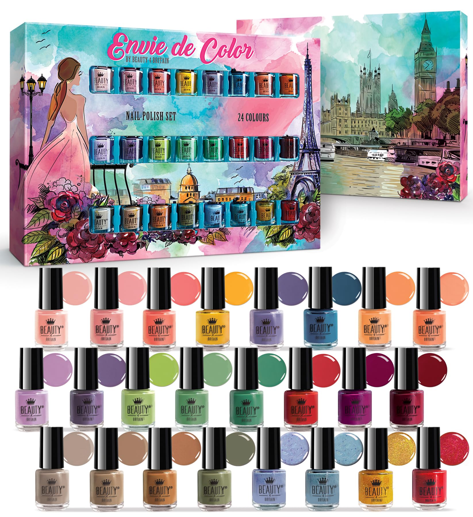 Beauty4Britain Nail Polish Varnish Set 48 Modern Colours + 2 Nail Art Sticker Sets + 2 Display Boxes