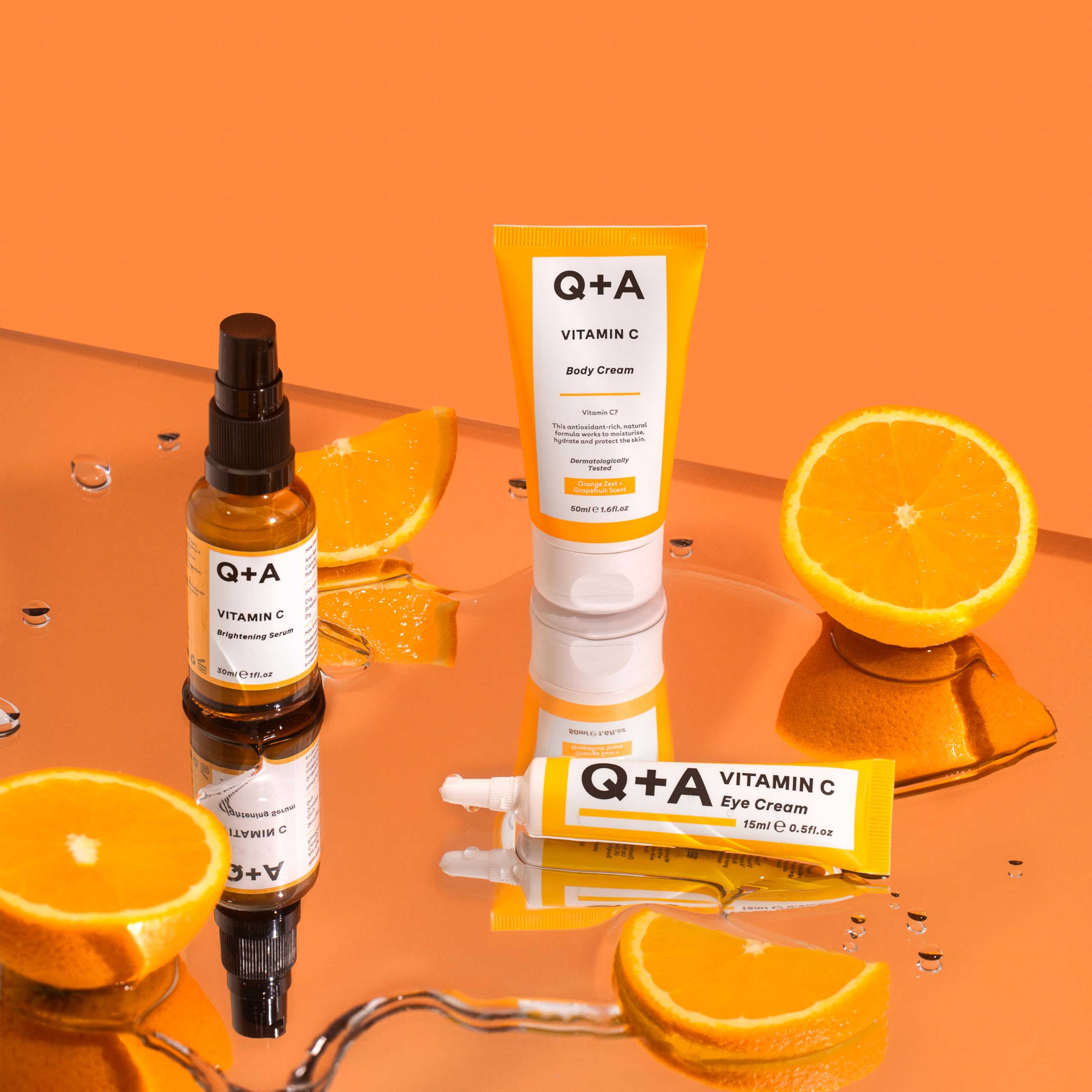 Q+A Glow Heroes Skincare Giftset - Radiance-Boosting Trio with Vitamin C Brightening Serum 30ml, Eye Cream 15ml & Body Cream 50ml - Brighten and Rejuvenate - Vegan & Cruelty-Free, Made in UK