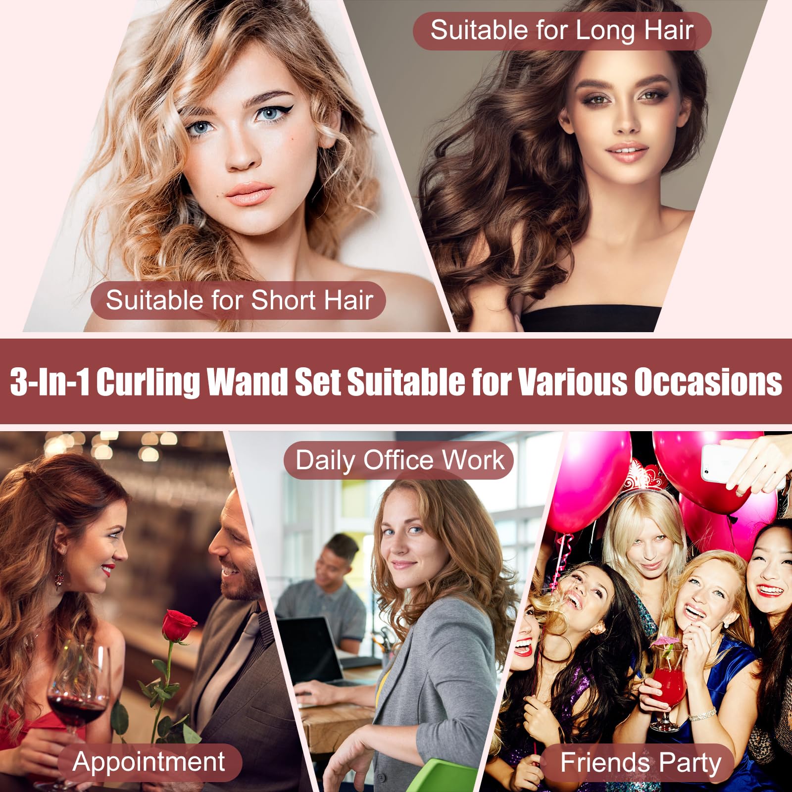 Curling Wand 3 in 1 Mermaid Hair Curler Ceramic Curling Tongs Iron Set for Long Thick Thin Hair Interchangeable Barrels Beach Waves Styling Tools with Glove (Rose Gold)