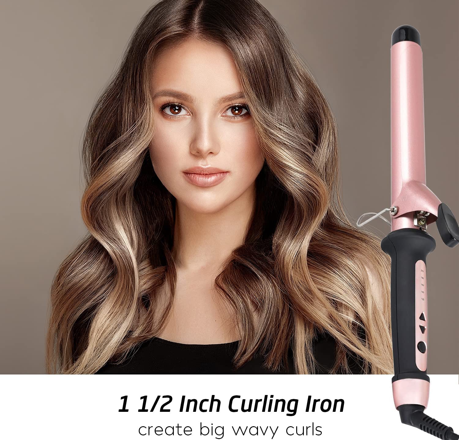 Curling Tongs, Curling Wand 38mm Hair Curler Large Barrel Curling Iron for Long Thick Hair with Glove 120°C-210°C Adjustable Auto-Off