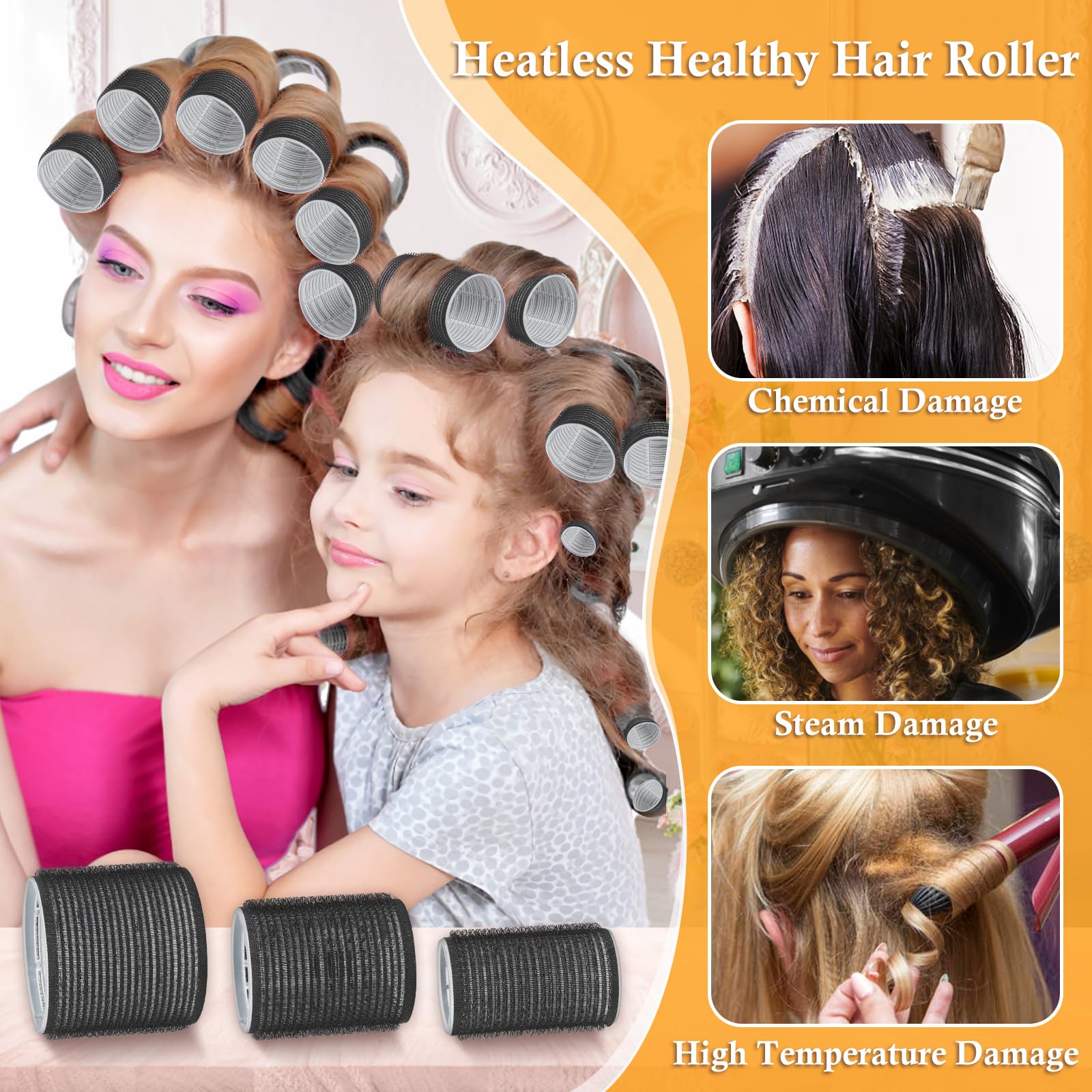 Thrilez 39PCS Hair Curlers Rollers with Clips Black Hair Roller with 3 Sizes 64mm 44mm 33mm, Jumbo Hair Roller with 12PCS Duckbill Clips Hair Rollers for Long Medium Short Thick Fine Volume Bangs Hair