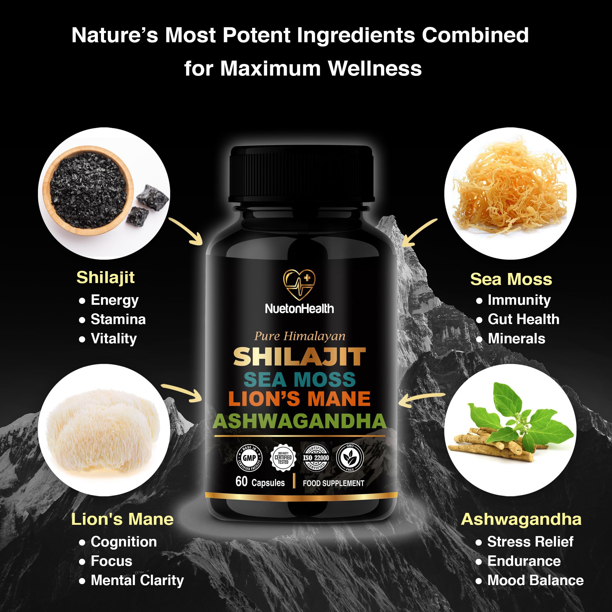 Shilajit, Sea Moss, Lion's Mane, and Ashwagandha Capsules - Comprehensive All-in-One Wellness Supplement for Mind, Body, and Vitality - 60 Vegan Capsules by NuetonHealth UK