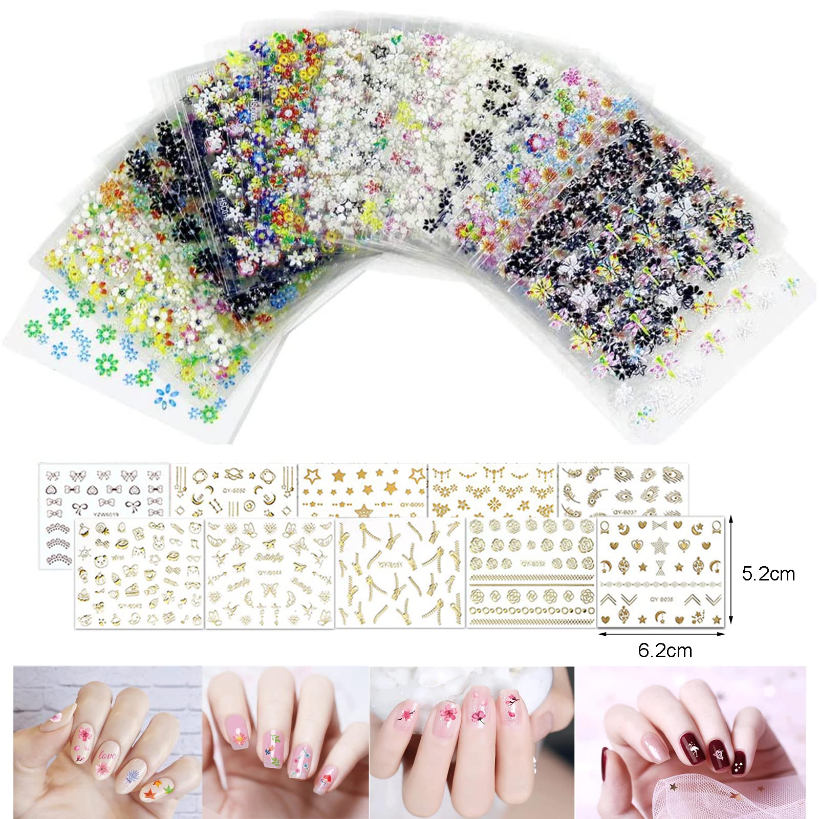 Olakin 50 Sheets Nail Art Stickers[More Than 1800 Pcs], 3D Self-Adhesive Stickers, Ultralight Water-proof Stickers, for Women Girls Kids Manicure DIY and Nail Salon