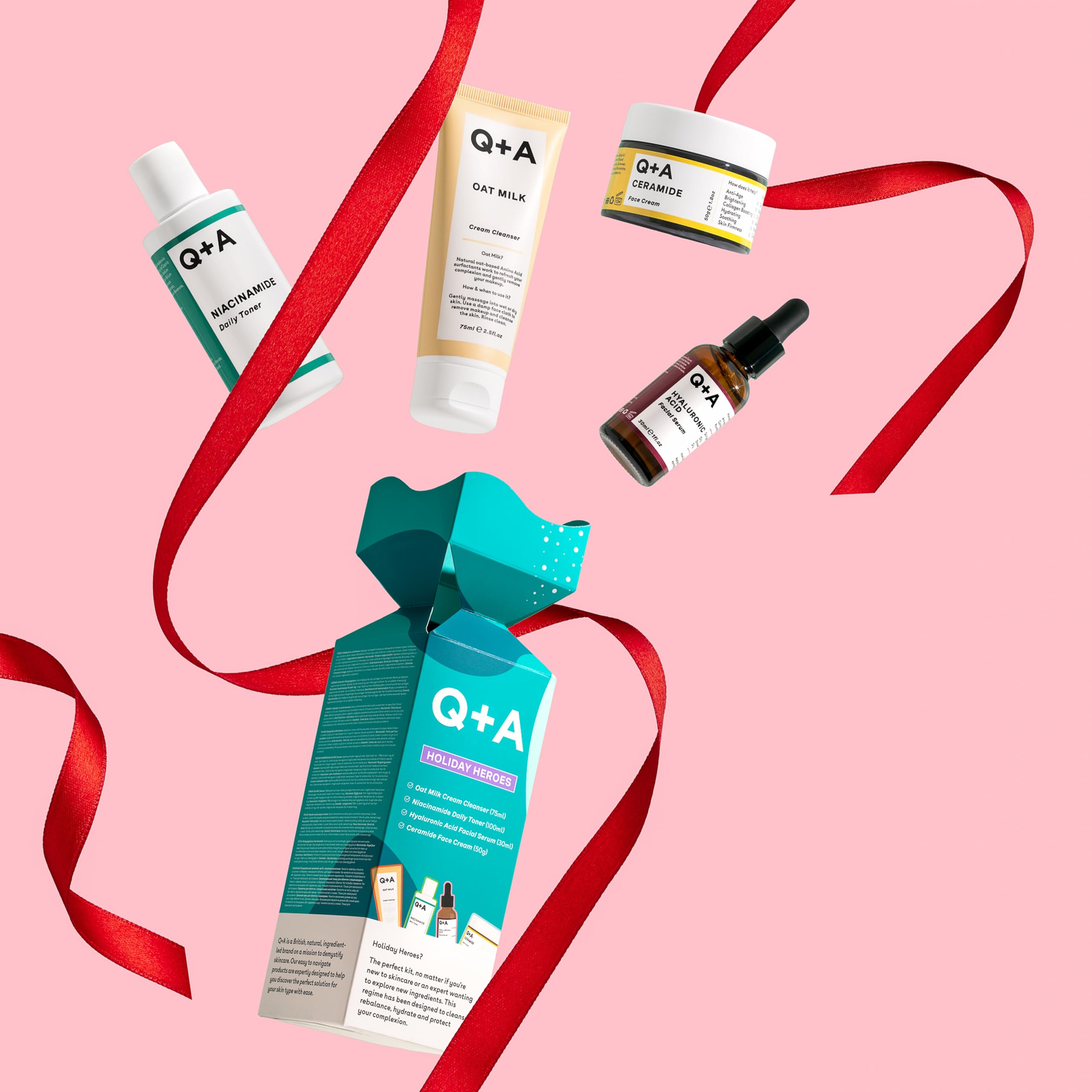 Q+A Holiday Heroes Skincare Giftset – 4-Step Regime with Oat Milk Cleanser, Niacinamide Toner, Hyaluronic Acid Serum, Ceramide Face Cream – Vegan, Cruelty-Free, UK Made, Nourishing and Hydrating