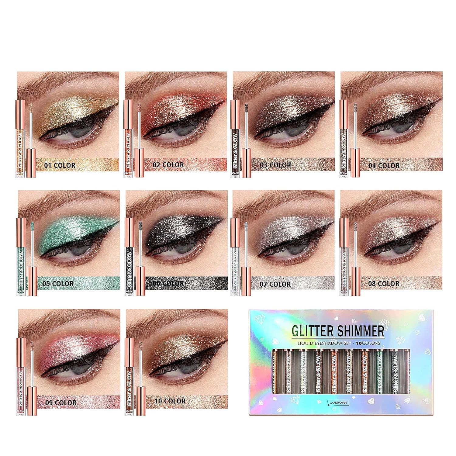 HQDA 10 Colours Glitter Liquid Eyeshadow Set