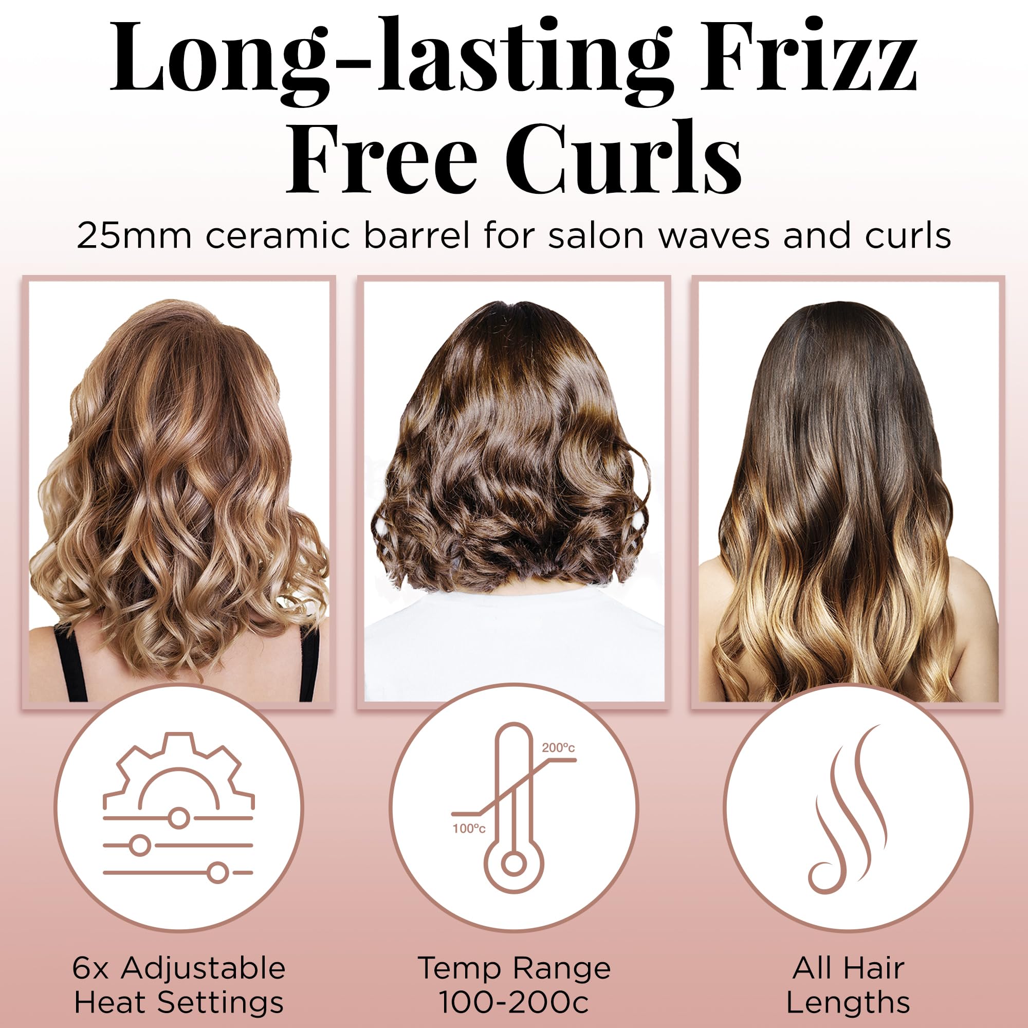 Lily England Hair Curling Wand 25mm, Ceramic Curling Tongs for Short Hair to Long Hair, 100°C - 200°C Adjustable Temperature & Auto-Shut Off, Rose Gold Hair Curler