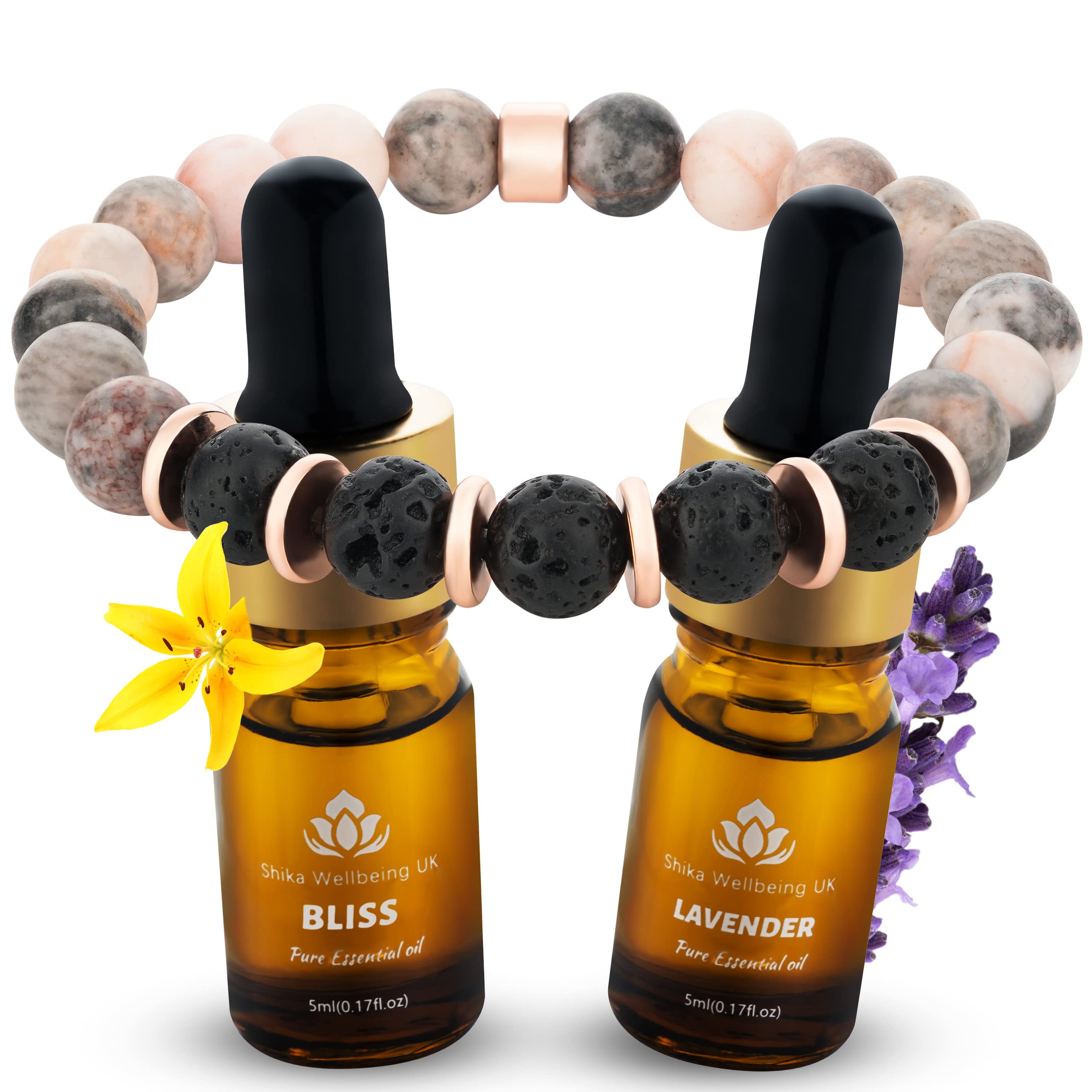 Shika Wellbeing Relaxation Gift for Women - Anxiety Relief Lava Bracelet with Lavender & Bliss Essential Oils Aromatherapy Wellness Gift Set Crystal Healing Gift Set