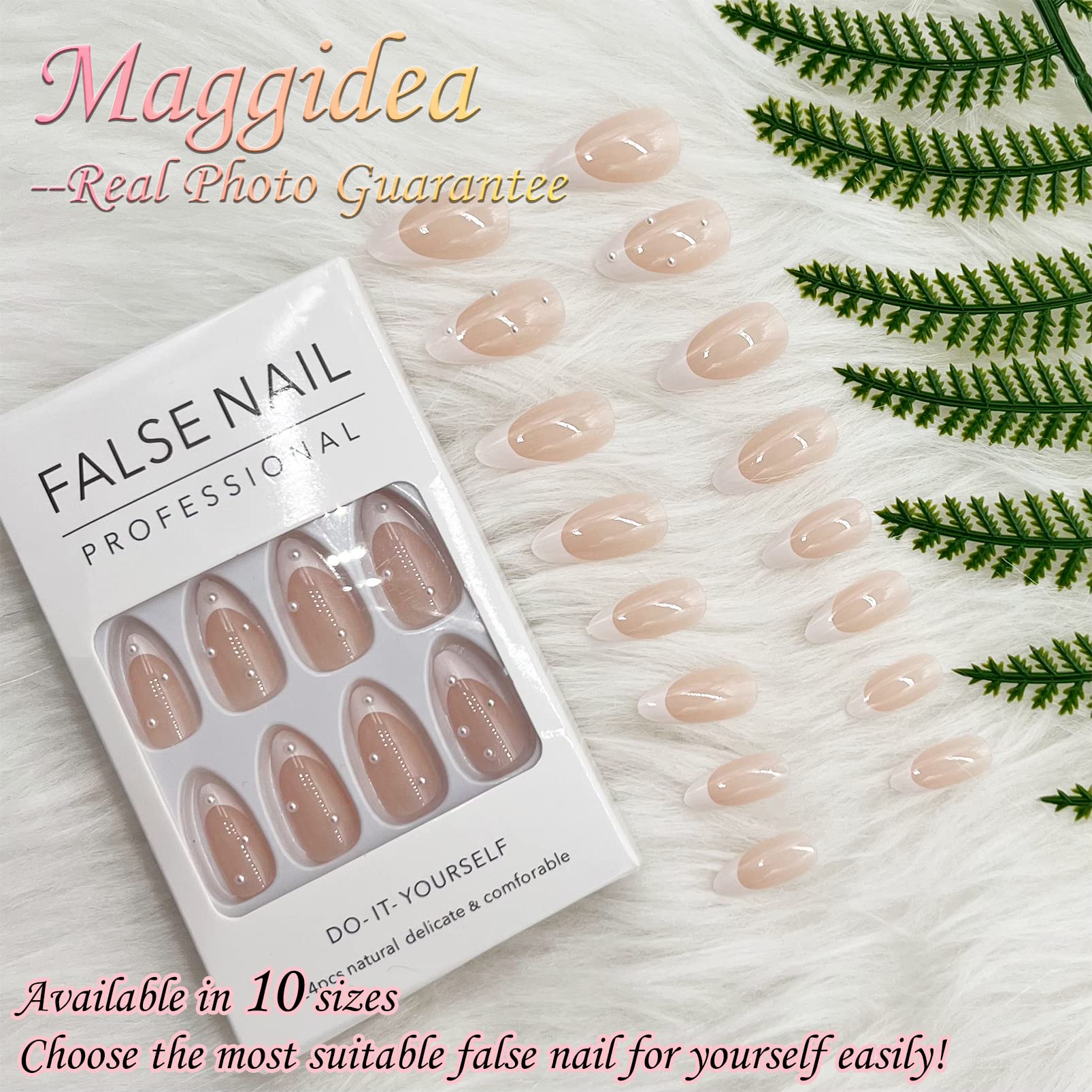 French False Nails, Press on Nails Medium Length, Acrylic White Tip Pearl Stick on Nails, 24pcs Almond False Nails with Glue Elegant Fake Nails for Women Girls (White Pearl)