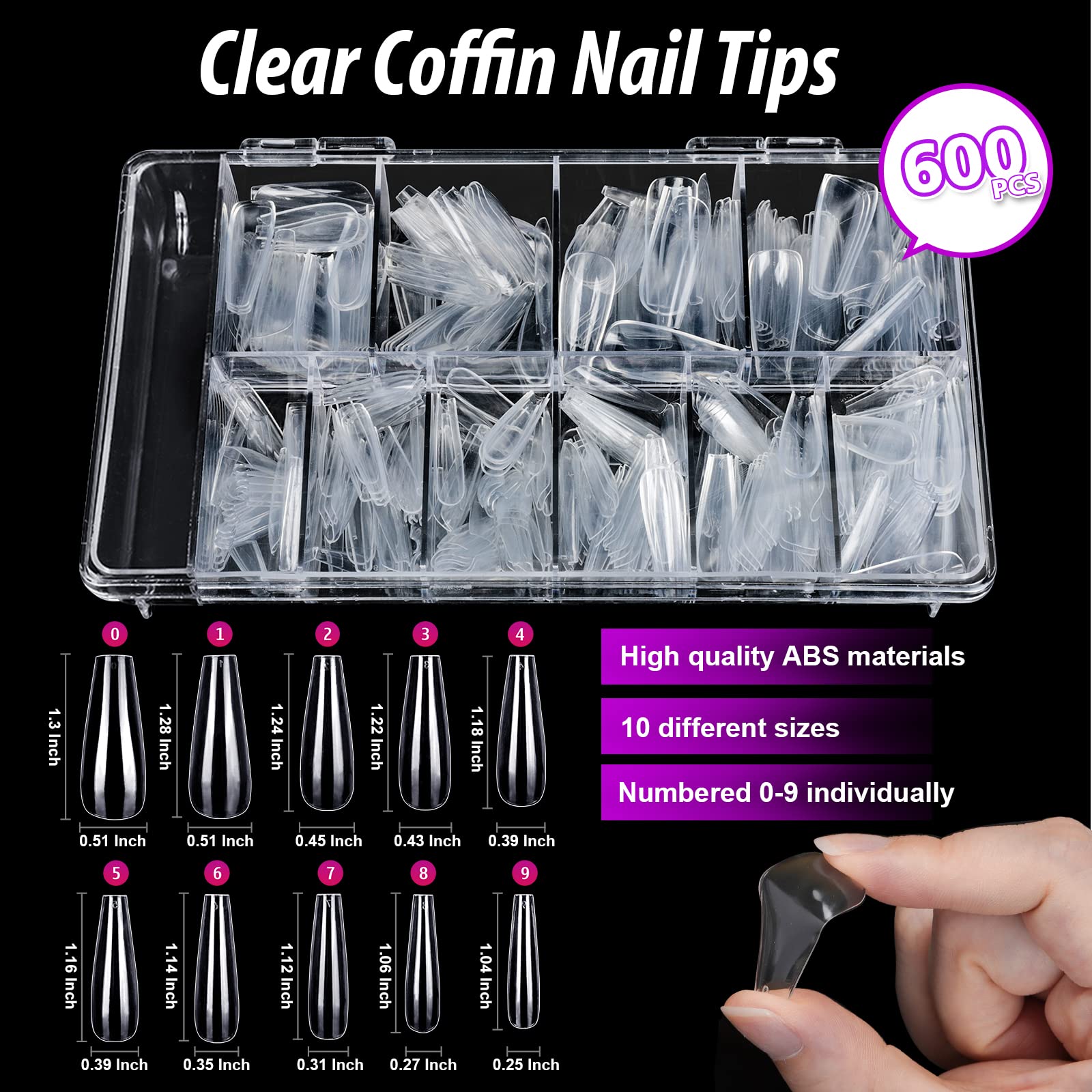 Clear Coffin Nail Tips, Teenitor Long Coffin Nails Full Cover, 600pcs Clear Fake Nails Ballerina False Nails Press On Nails, Glue On Nails, Acrylic Nail Clipper, Nail Stand for DIY Fake Nails