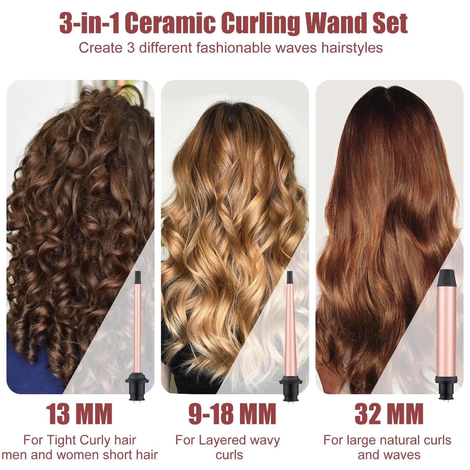 Curling Wand 3 in 1 Mermaid Hair Curler Ceramic Curling Tongs Iron Set for Long Thick Thin Hair Interchangeable Barrels Beach Waves Styling Tools with Glove (Rose Gold)