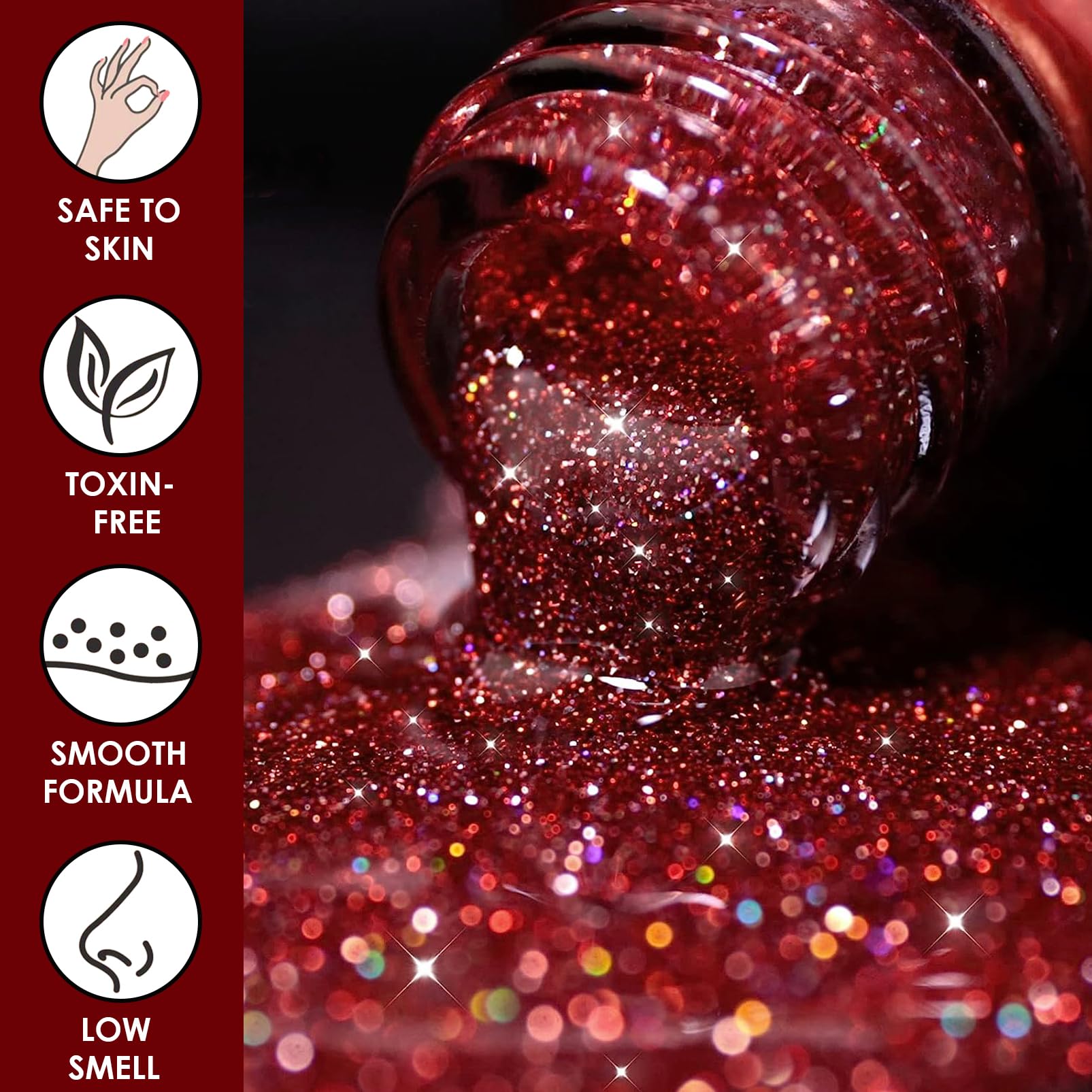 DMQ Red Nail Polish Set, 6Pcs Poinsettia Dark Red Burgundy Red Purple Glitter Nail Varnish Kit - Non-Toxic Water Based Holographic Nail Gel - Nail Paint Nail Art Manicure Kit Gifts for Women