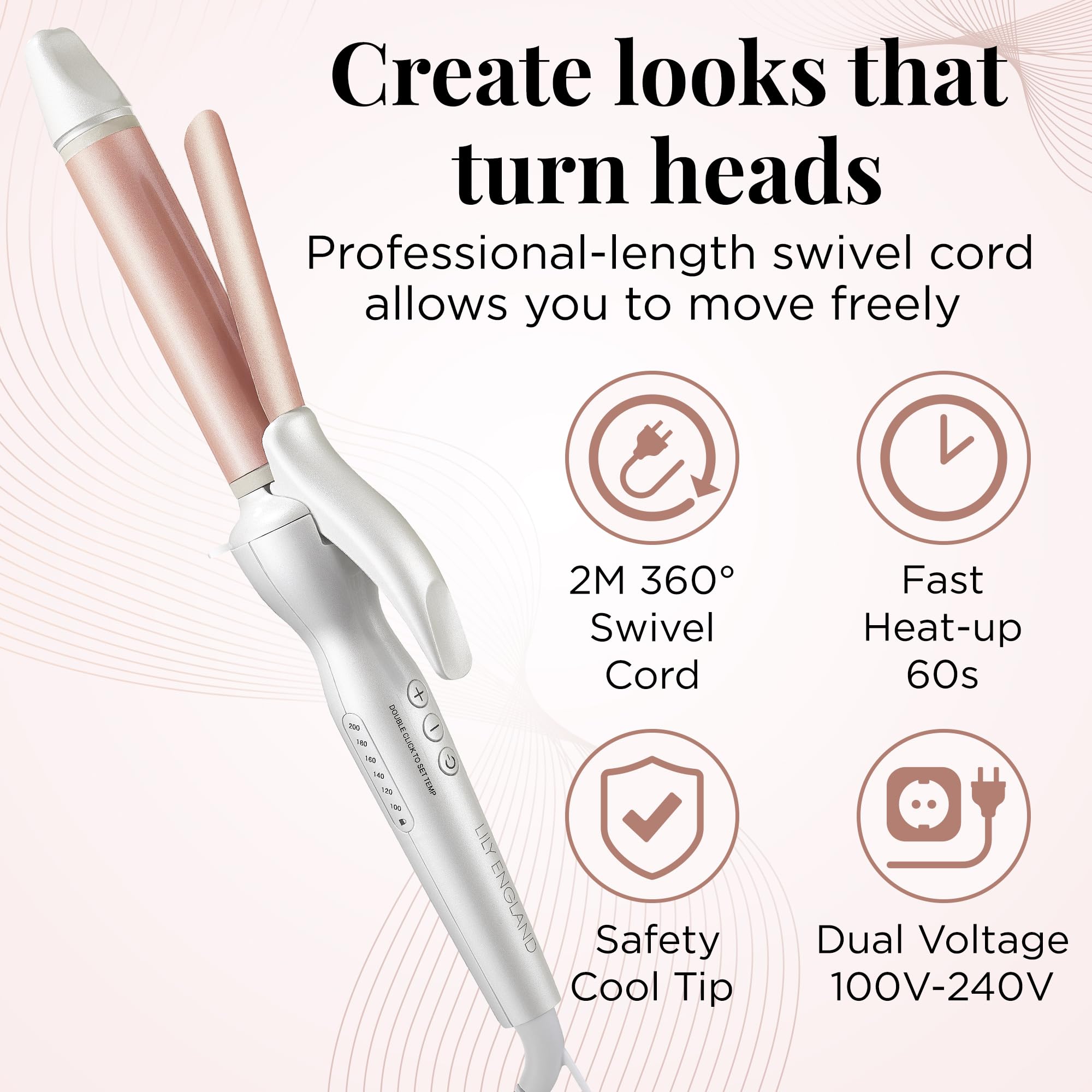 Lily England Hair Curling Wand 25mm, Ceramic Curling Tongs for Short Hair to Long Hair, 100°C - 200°C Adjustable Temperature & Auto-Shut Off, Rose Gold Hair Curler