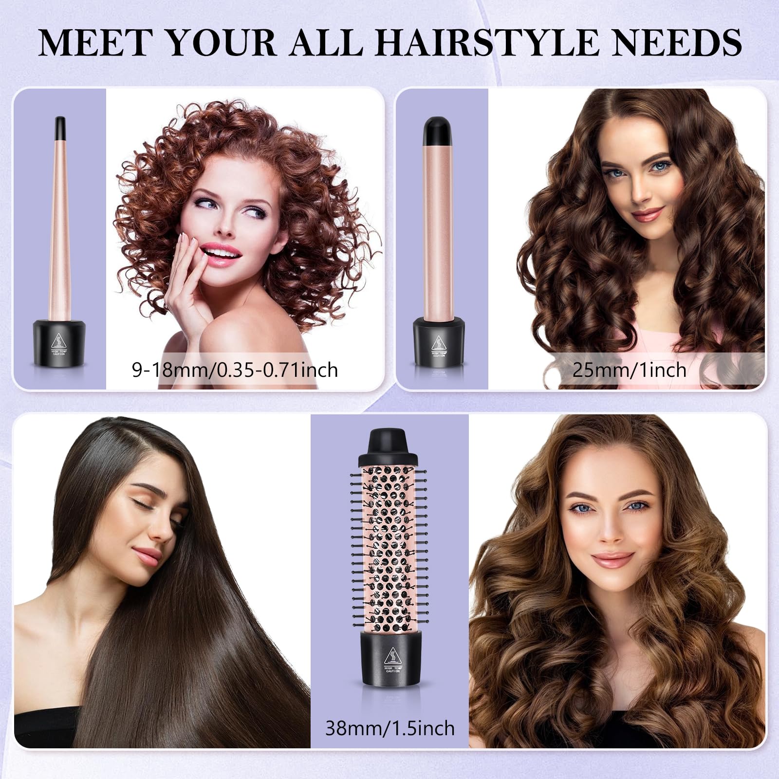 MEETELLALA Hair Curler, 3 in 1 Curling Tongs Set with Curling Brush and 2 Interchangeable Ceramic Curling iron 9-25mm Curling Wand, with Glove 2 Hair Clips Hair Styling Tool for Long Medium Short Hair