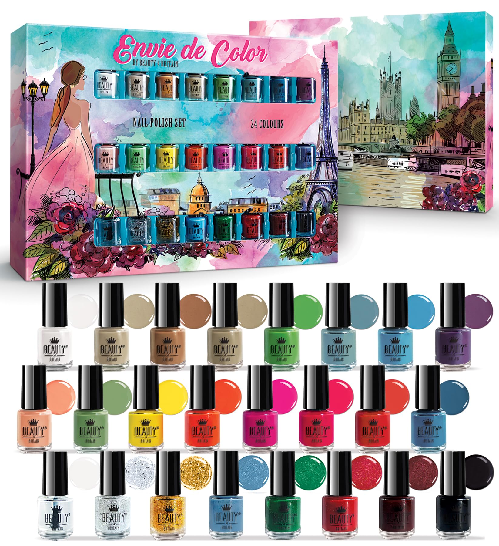 Beauty4Britain Nail Polish Varnish Set 48 Modern Colours + 2 Nail Art Sticker Sets + 2 Display Boxes