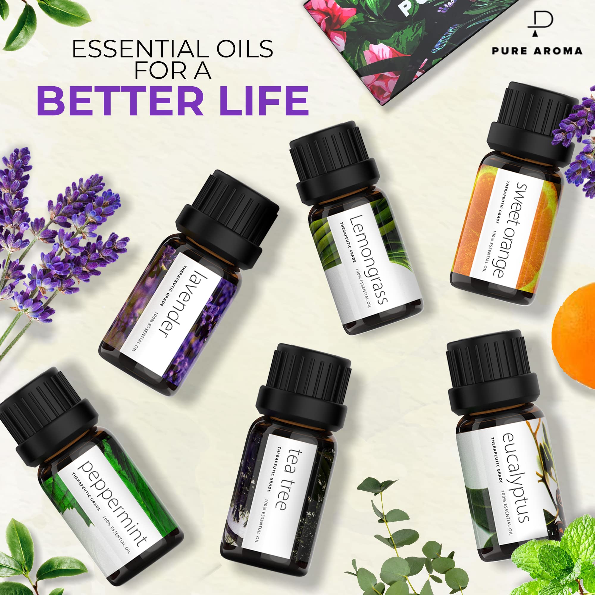 Essential Oils by Pure Aroma 100% Pure Therapeutic Grade Oils kit- Top 6 Aromatherapy Oils Gift Set-6 Pack, 10ML(Eucalyptus, Lavender, Lemon Grass, Orange, Peppermint, Tea Tree)